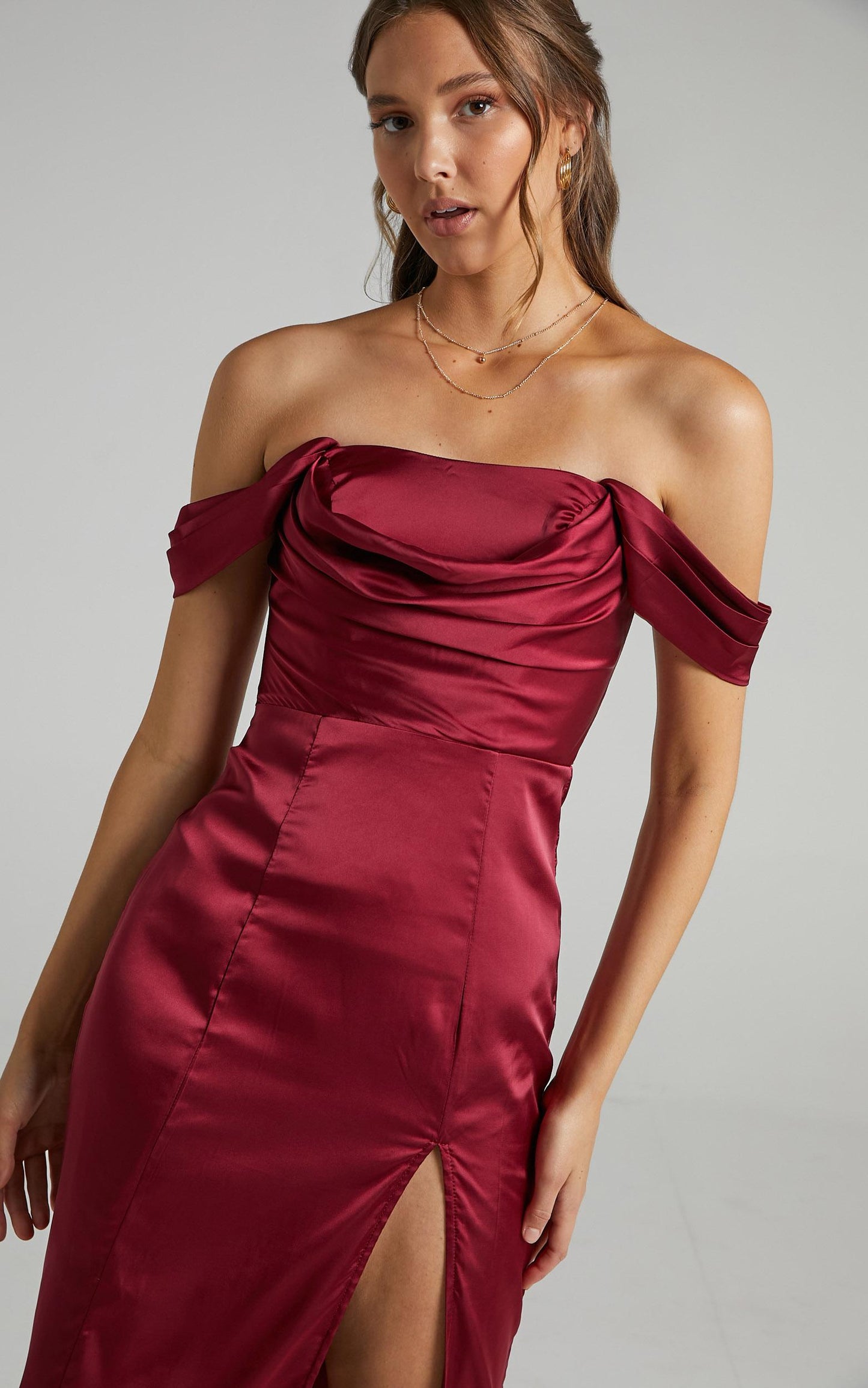 Faye Off Shoulder Maxi Dress in Wine Satin