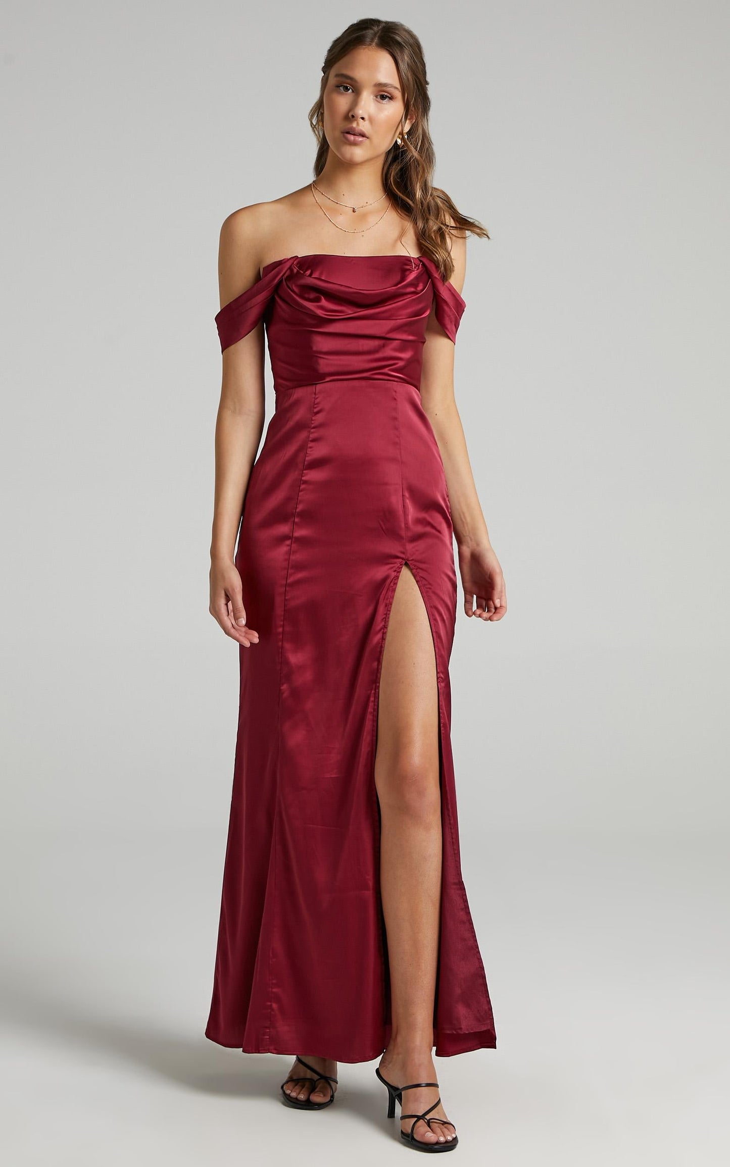 Faye Off Shoulder Maxi Dress in Wine Satin