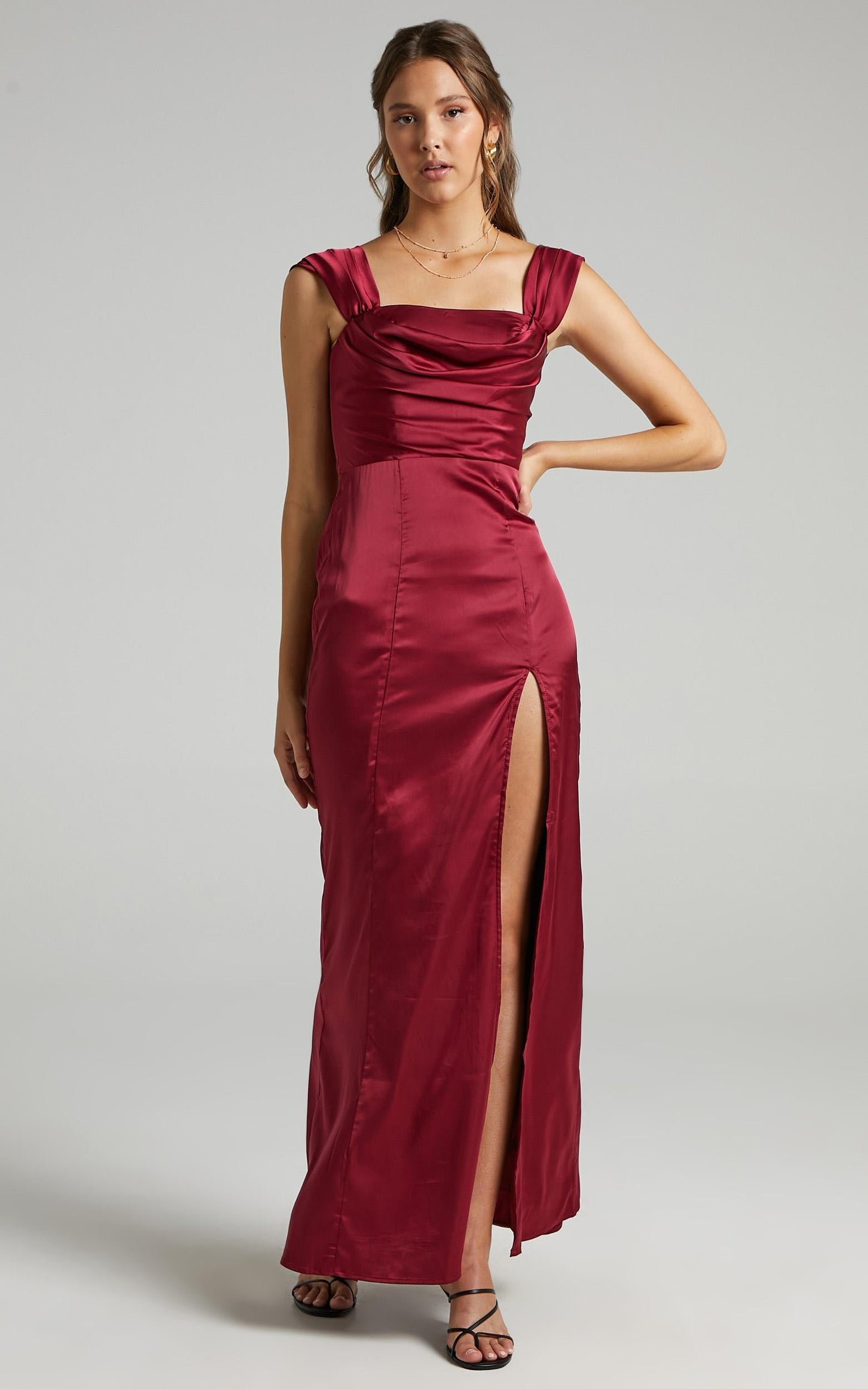 Faye Off Shoulder Maxi Dress in Wine Satin