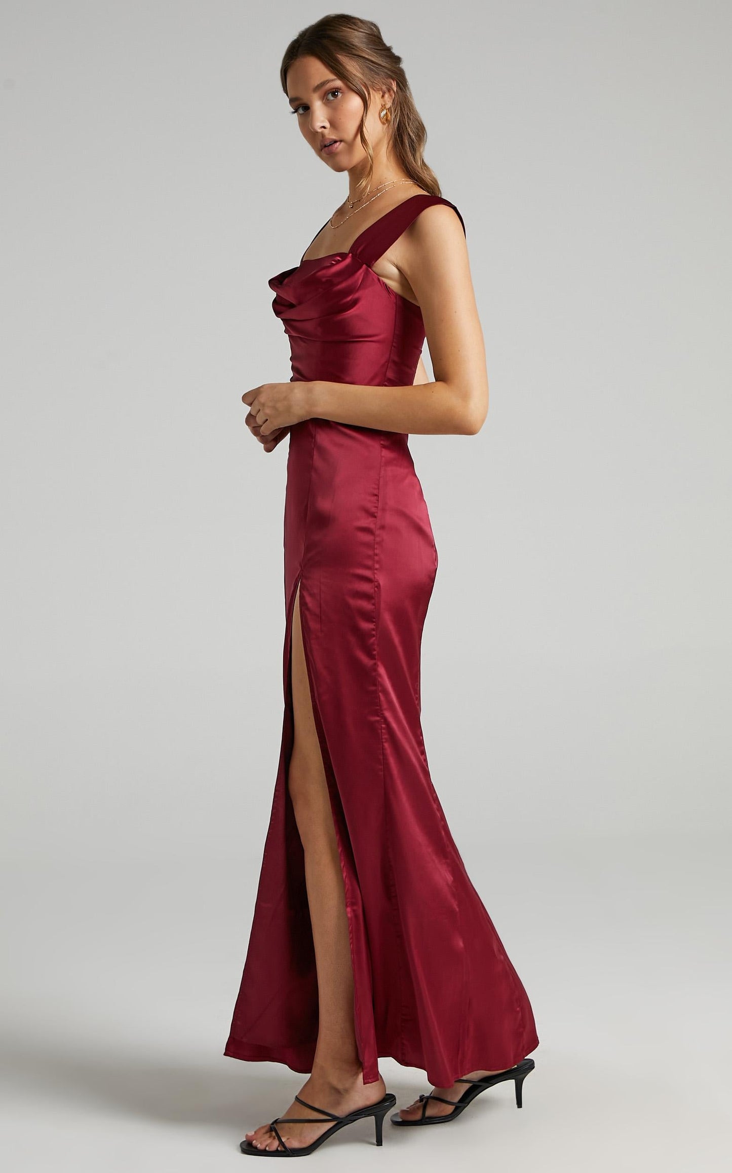 Faye Off Shoulder Maxi Dress in Wine Satin