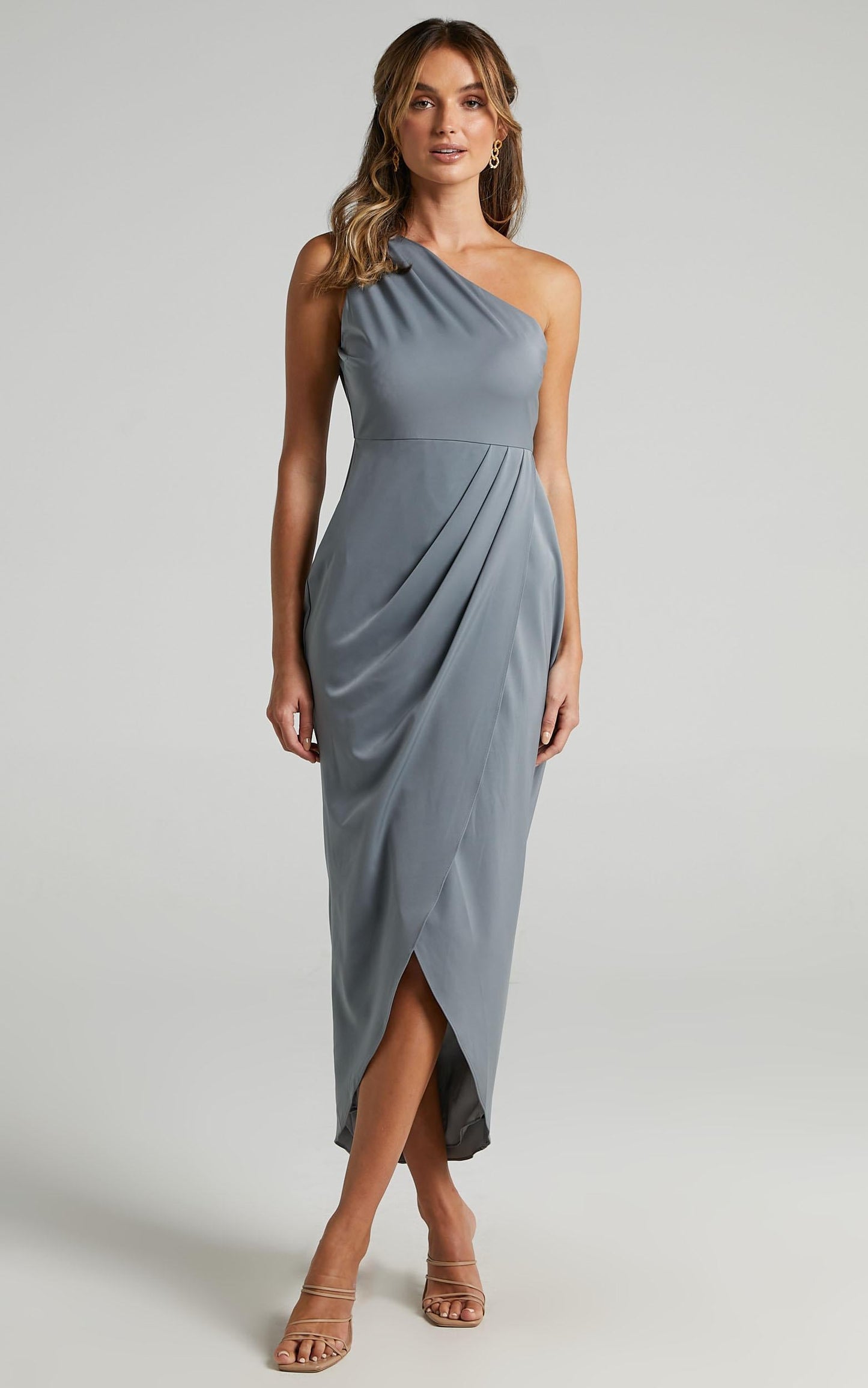 Felt So Happy Midi Dress - One Shoulder Drape Dress in Grey