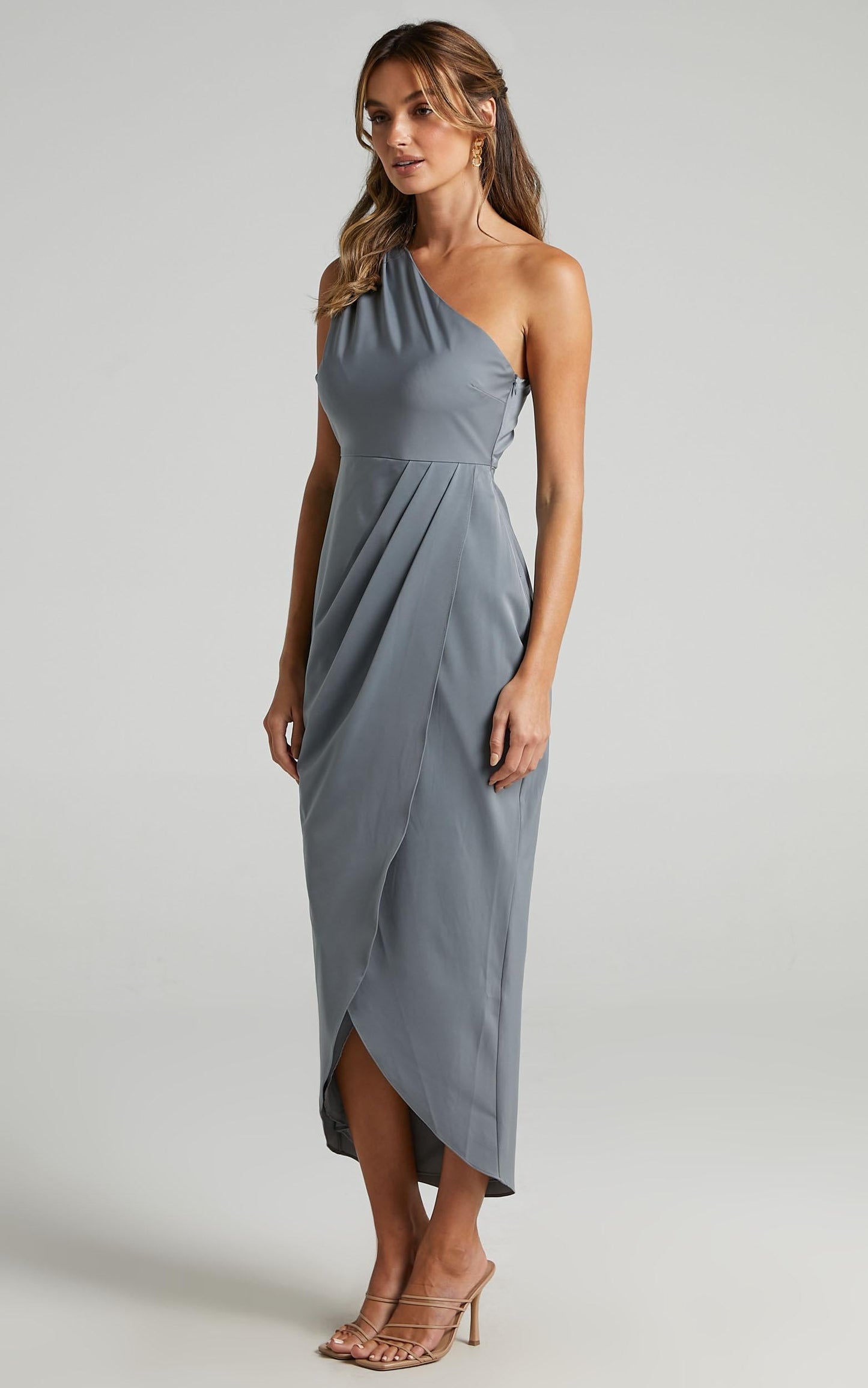 Felt So Happy Midi Dress - One Shoulder Drape Dress in Grey