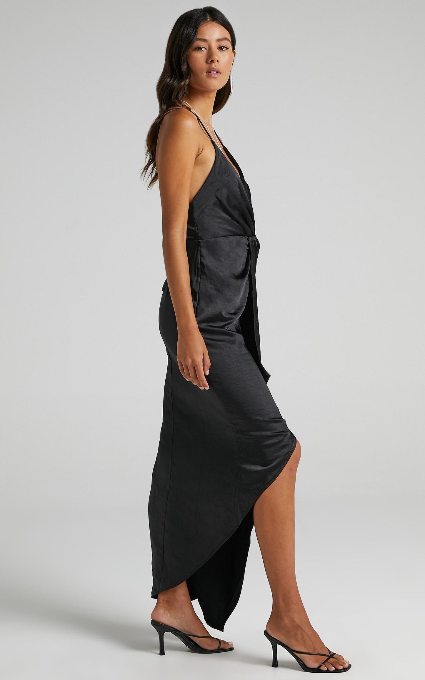 Jayne Twist Front Maxi dress in Black Satin
