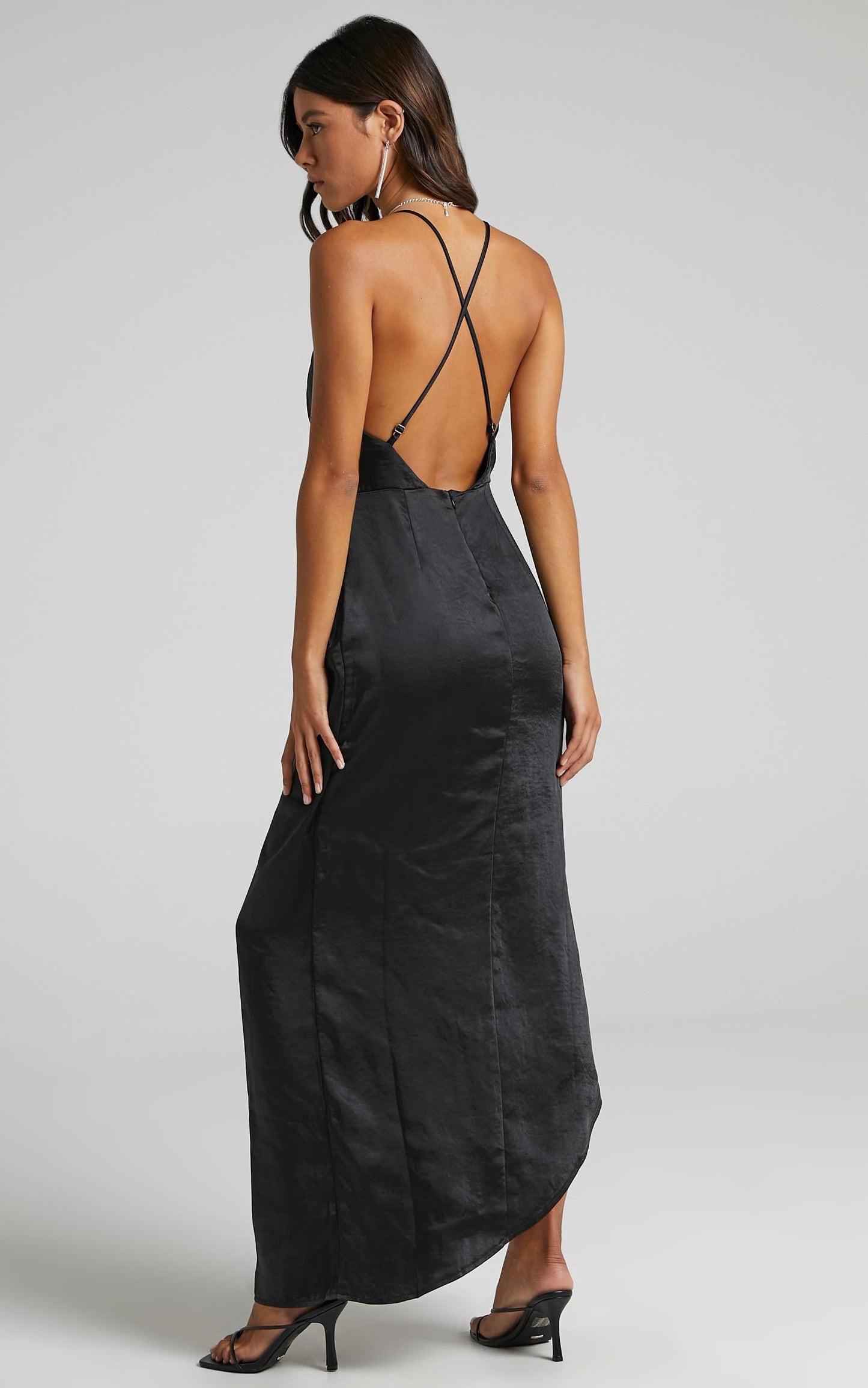Jayne Twist Front Maxi dress in Black Satin