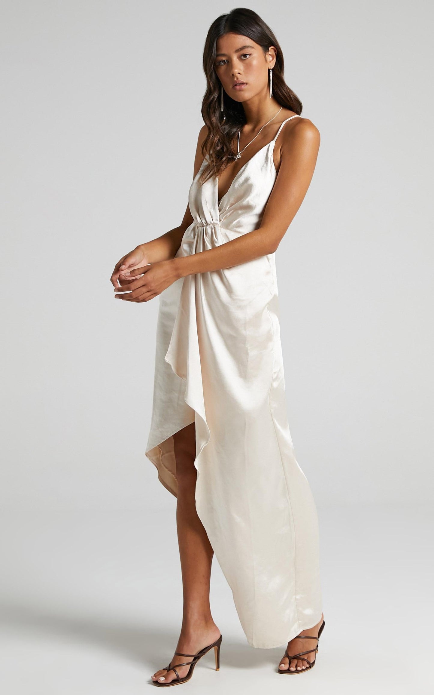 Jayne Twist Front Maxi dress in Champagne Satin