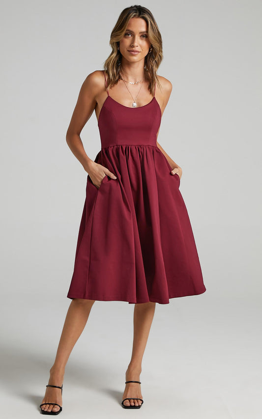Wild Nights A-line Spaghetti Strap Dress in Wine