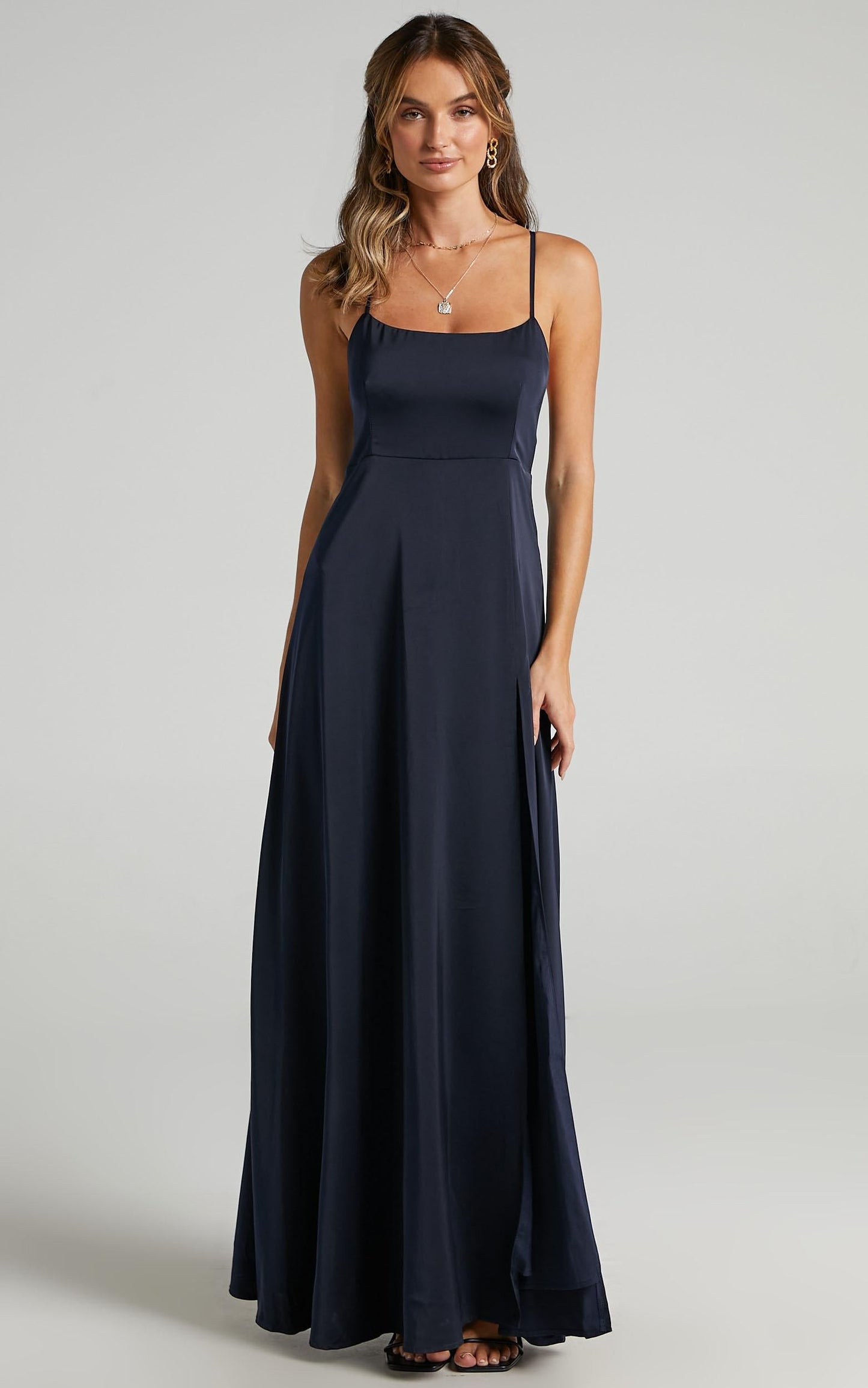 Will It Be Us Midi Dress - Thigh Split Cross Back Dress in Navy