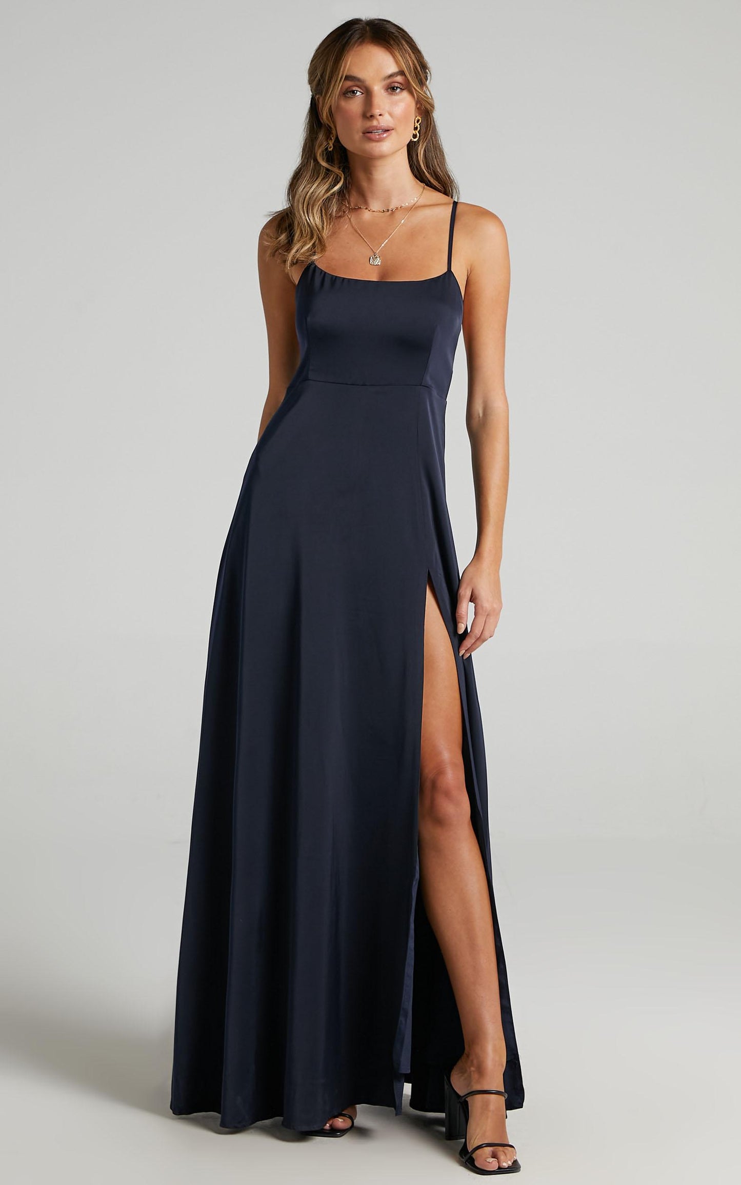 Will It Be Us Midi Dress - Thigh Split Cross Back Dress in Navy