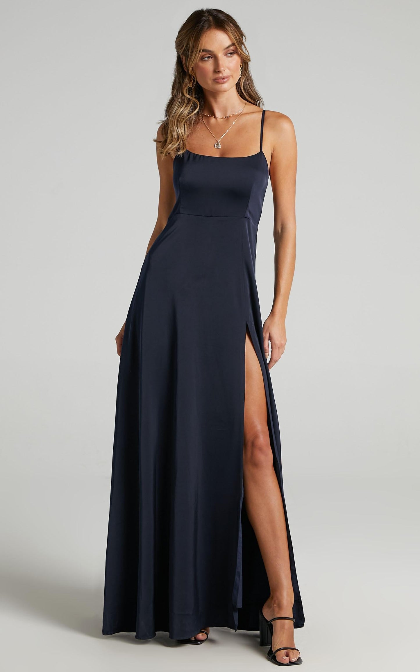 Will It Be Us Midi Dress - Thigh Split Cross Back Dress in Navy