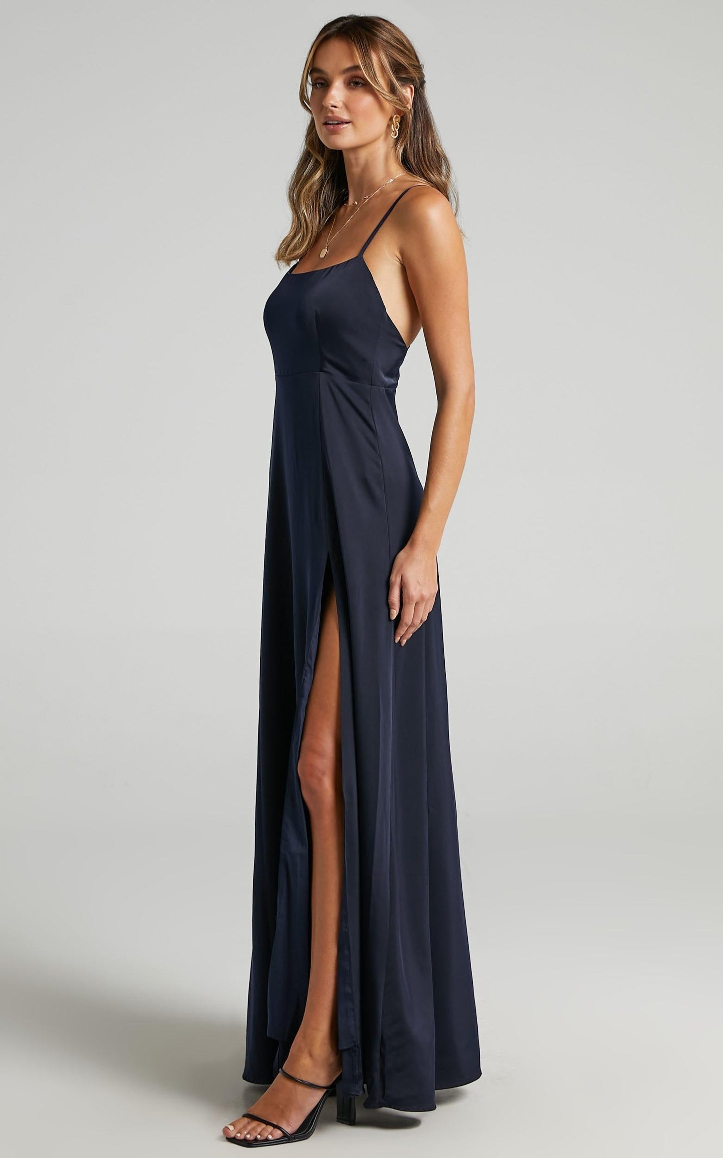 Will It Be Us Midi Dress - Thigh Split Cross Back Dress in Navy