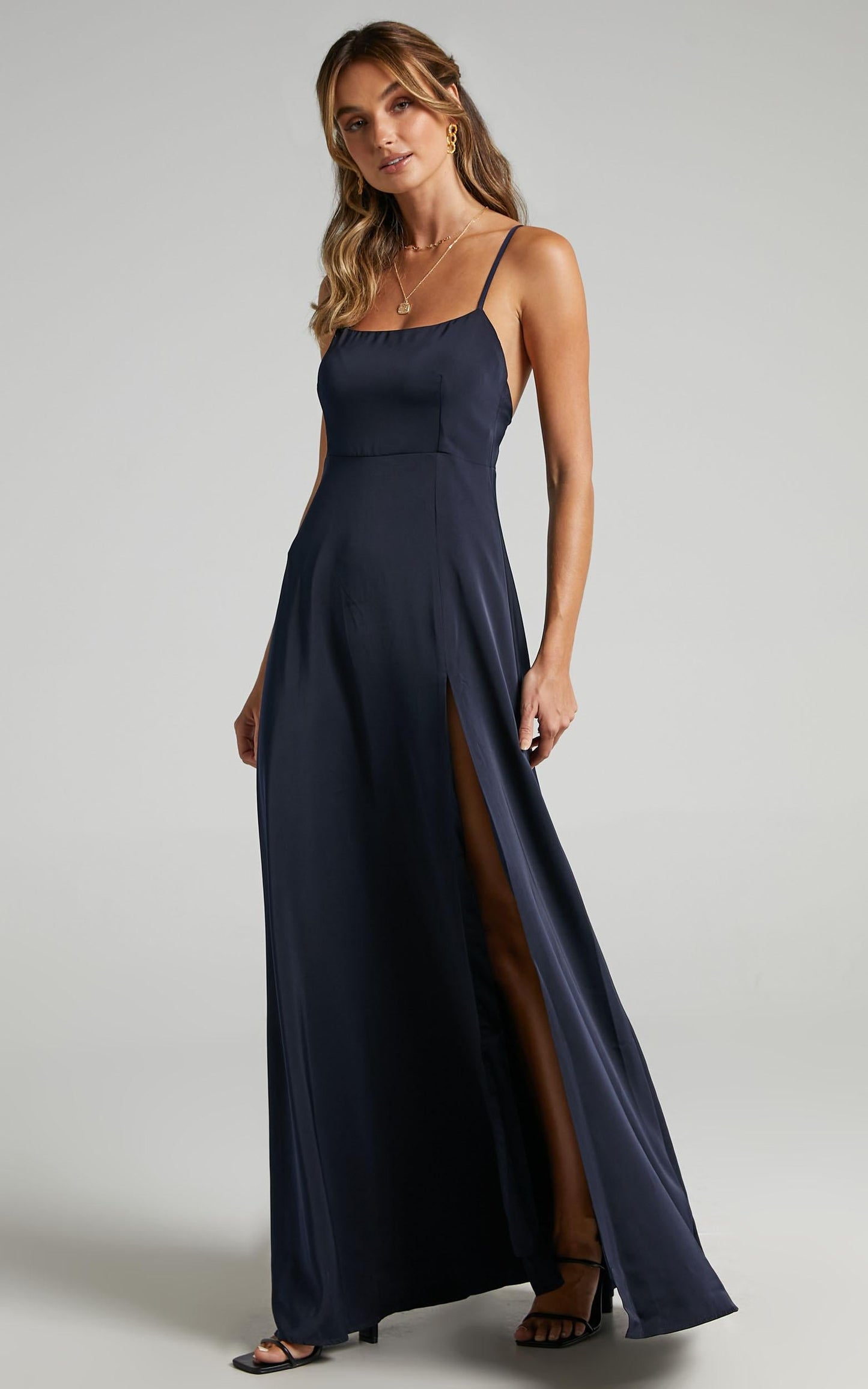 Will It Be Us Midi Dress - Thigh Split Cross Back Dress in Navy