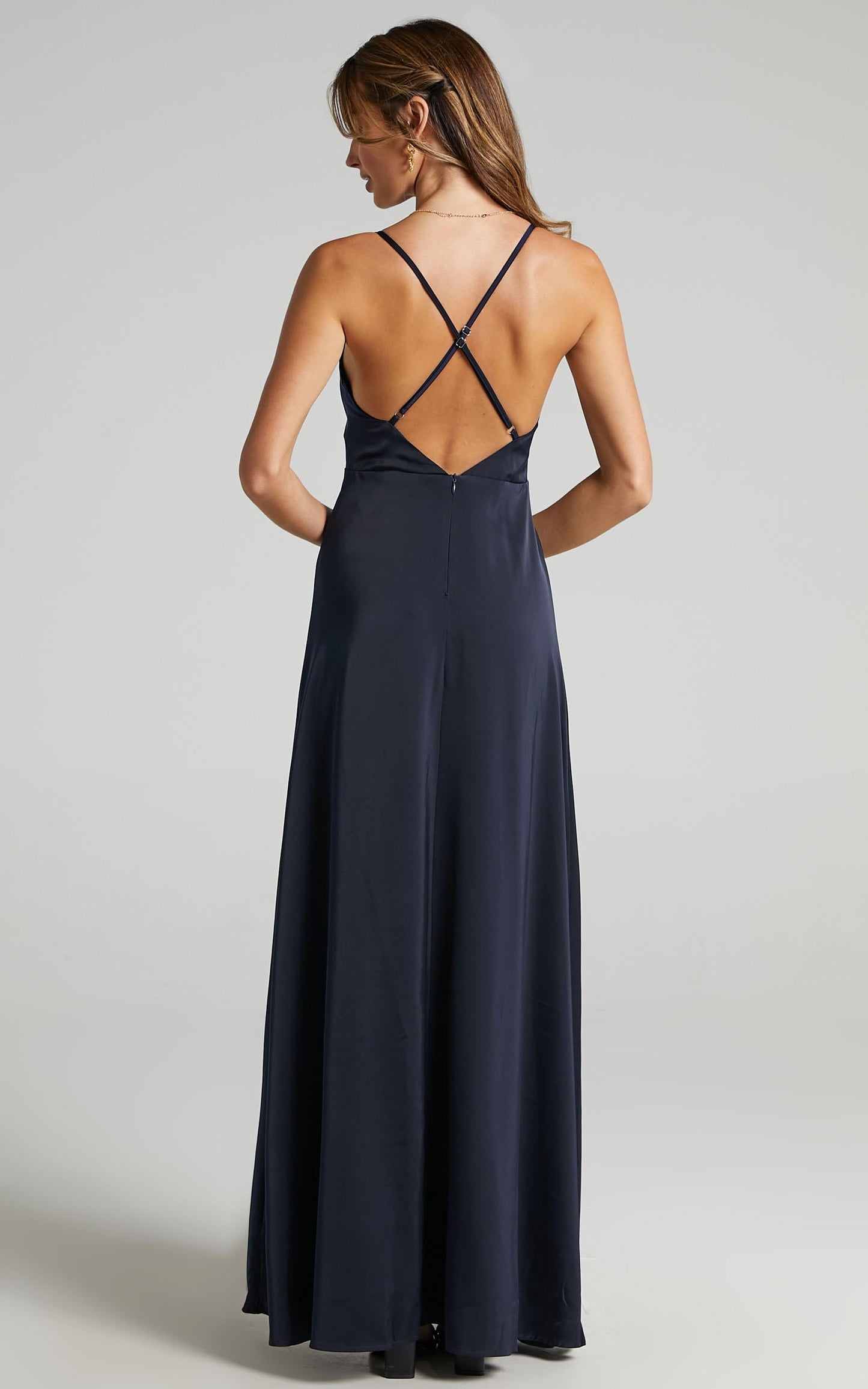Will It Be Us Midi Dress - Thigh Split Cross Back Dress in Navy