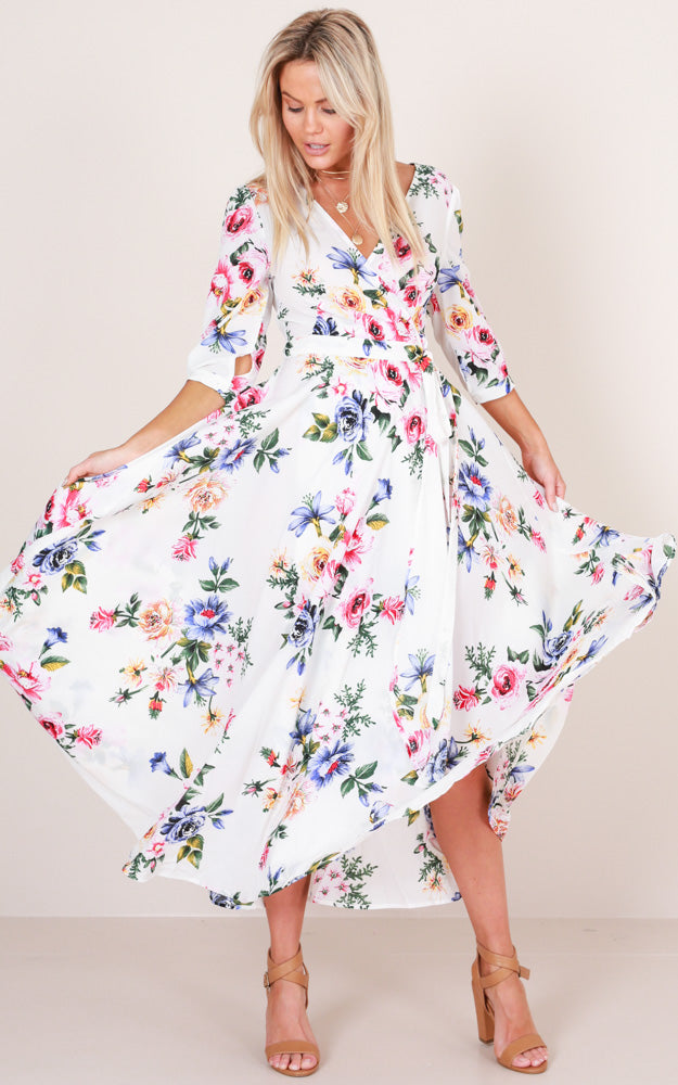 Retro Romance Maxi Dress In White Floral
