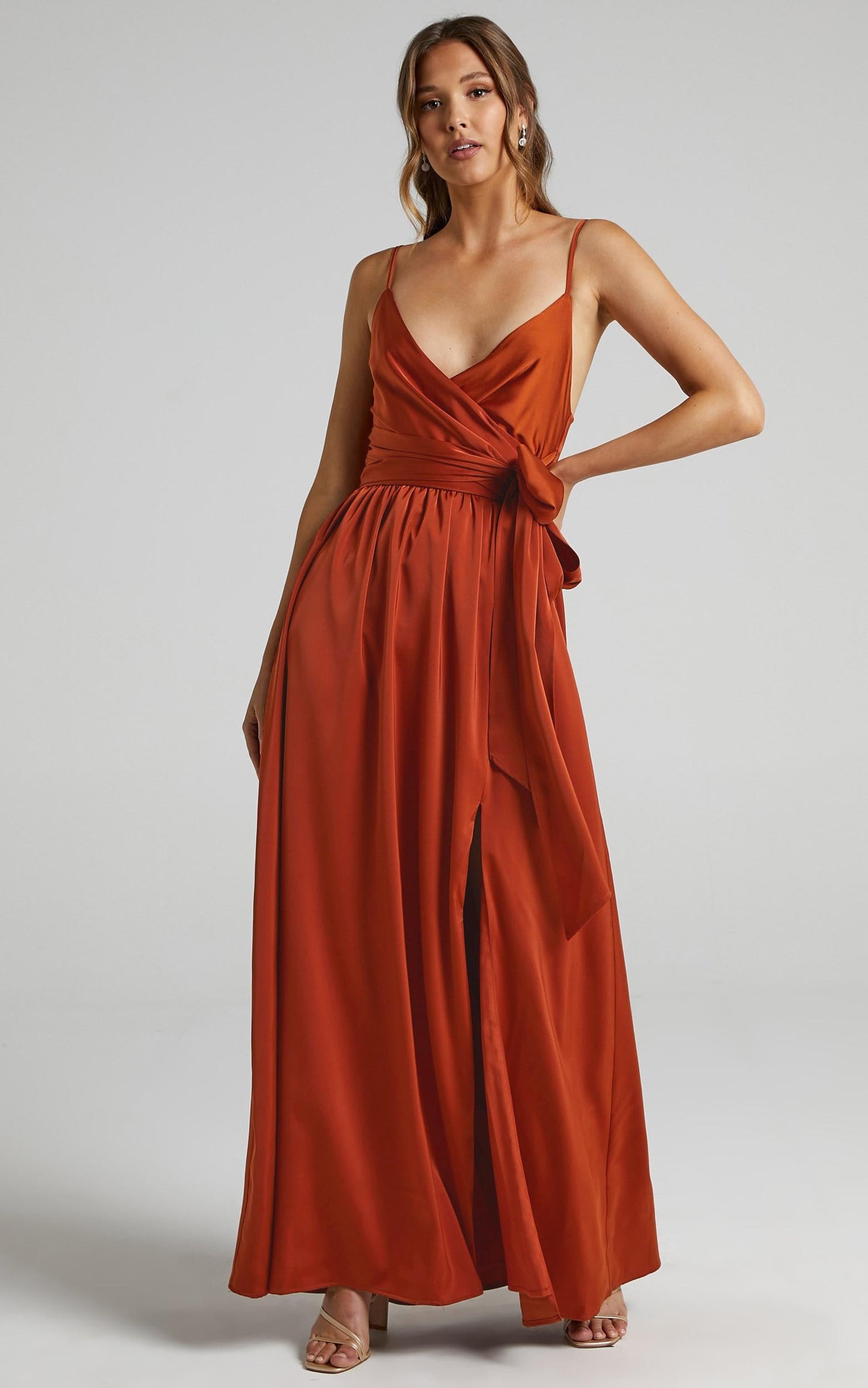 Revolve Around Me Midi Dress - V Neck Wrap Dress in Copper