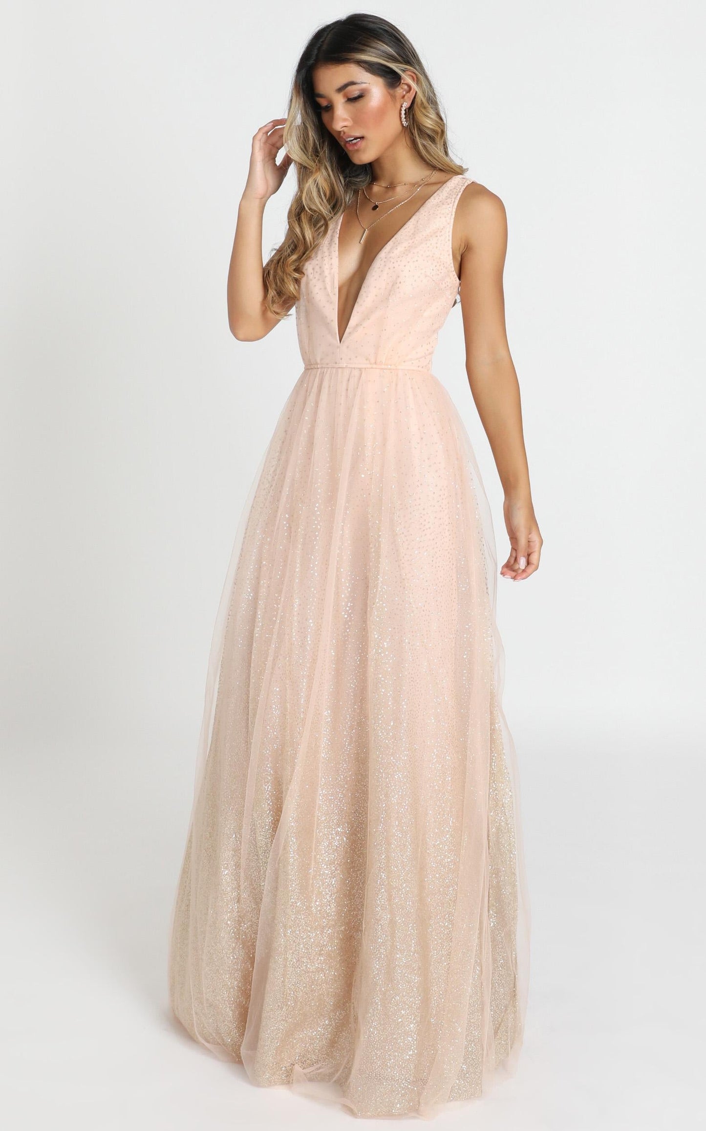 Riley Maxi Dress In Blush Glitter Tulle