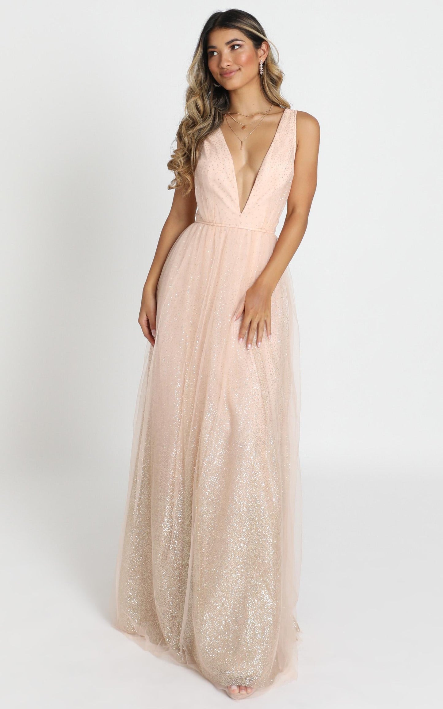 Riley Maxi Dress In Blush Glitter Tulle