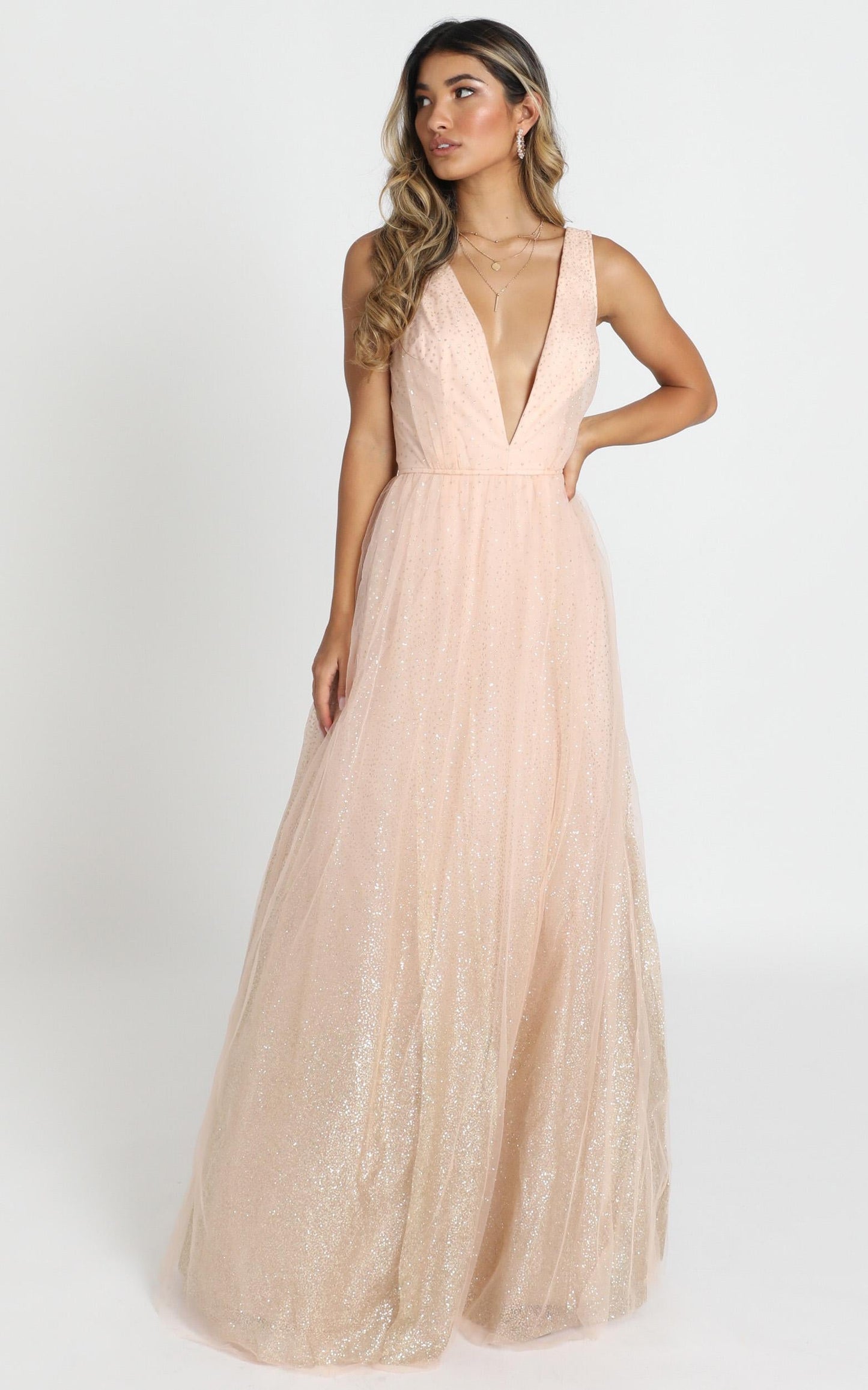 Riley Maxi Dress In Blush Glitter Tulle