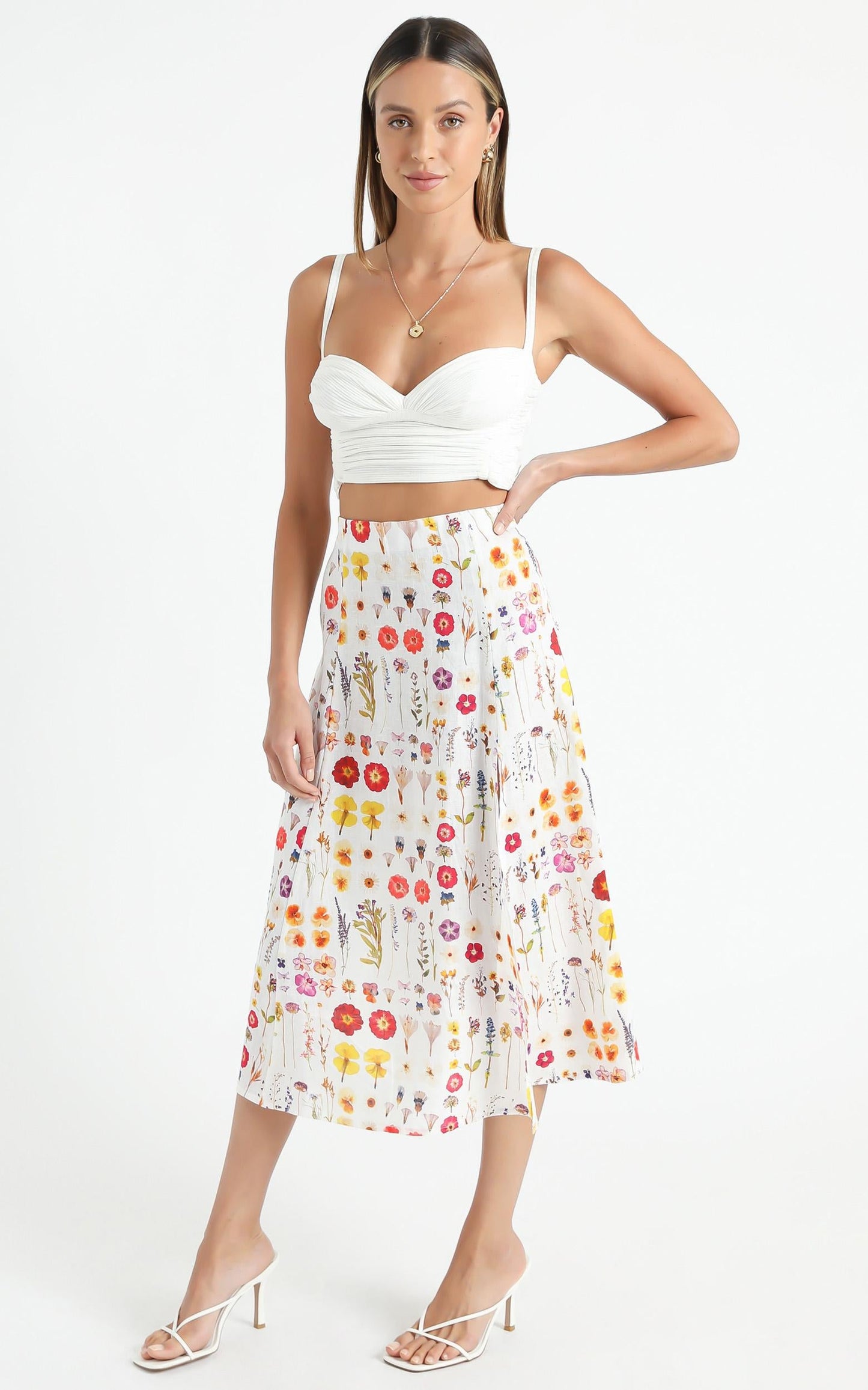 Cools Club - A Line Split Midi Skirt in Pressed Floral
