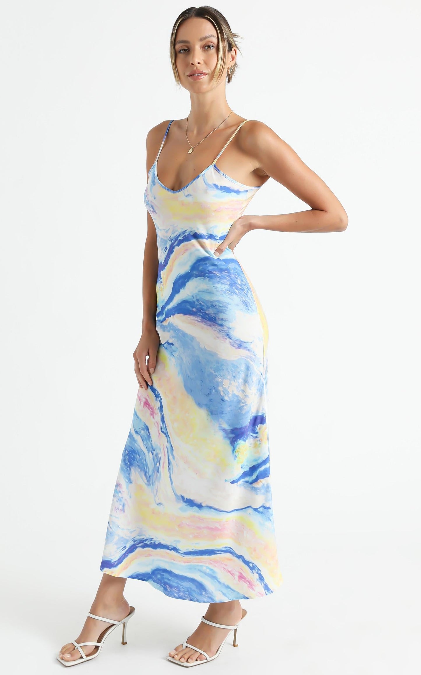 Cools Club - Bias Cut V Neck Midi in Ocean Glitter