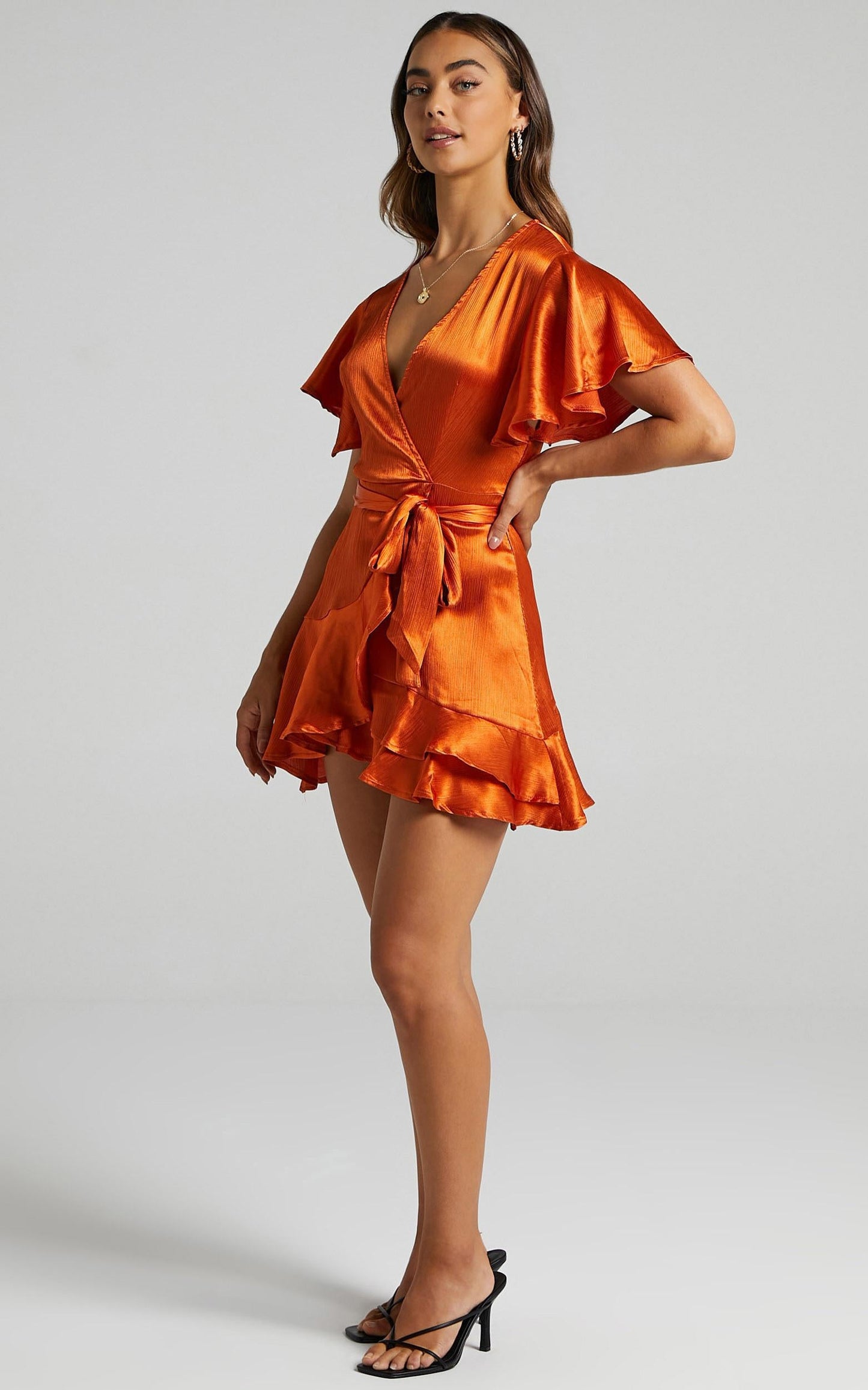 All I Want To Be Ruffle Mini Dress in Copper Satin