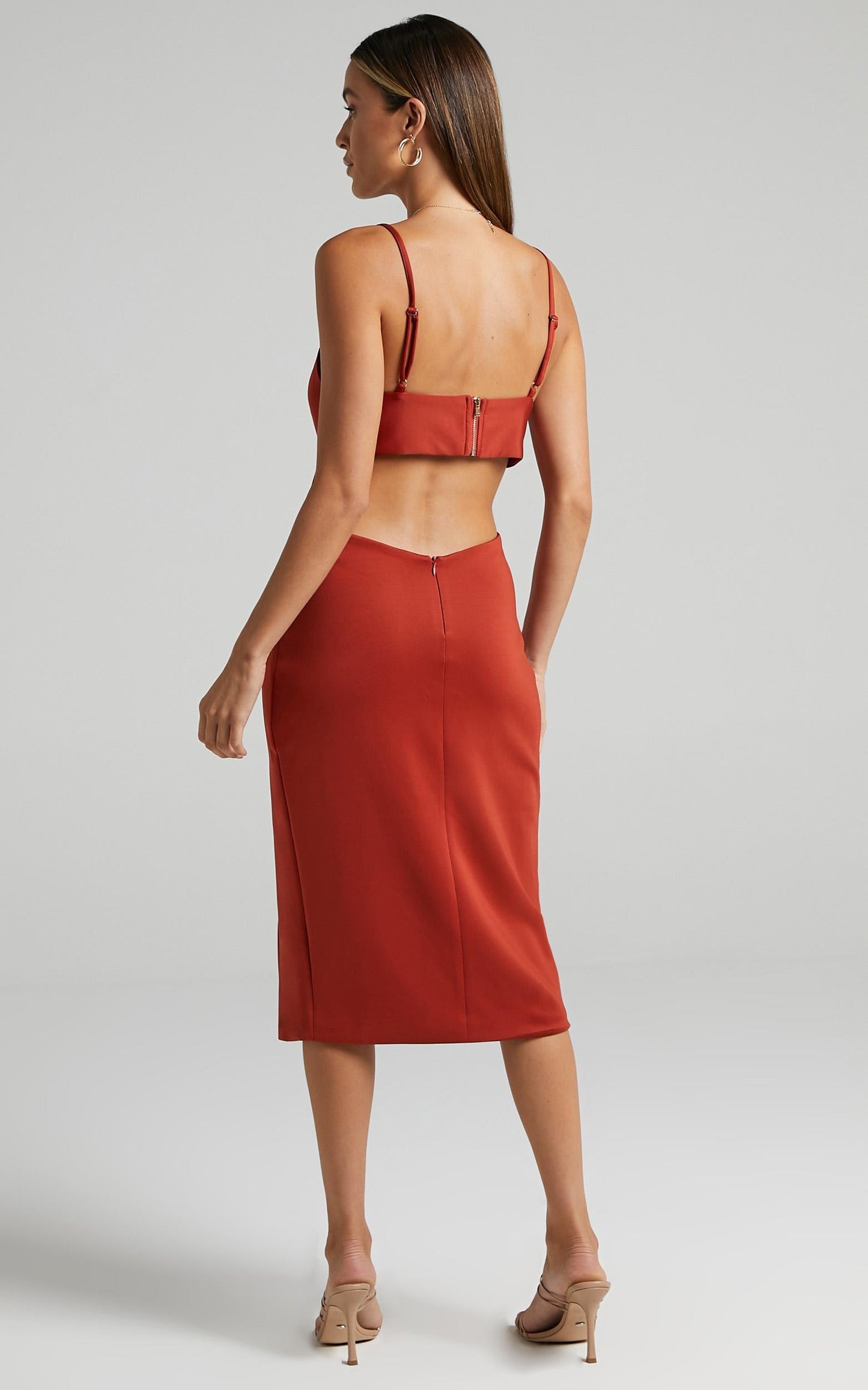Odette Open Back Midi Dress in Rust