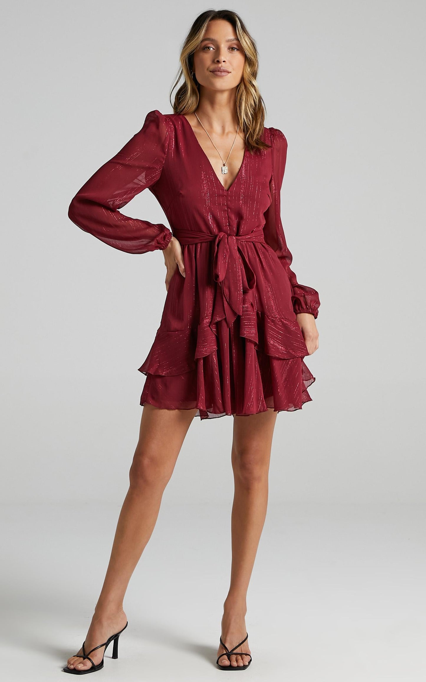 Eyes That Know Me Mini Dress - Long Sleeve Ruffle Dress in Wine
