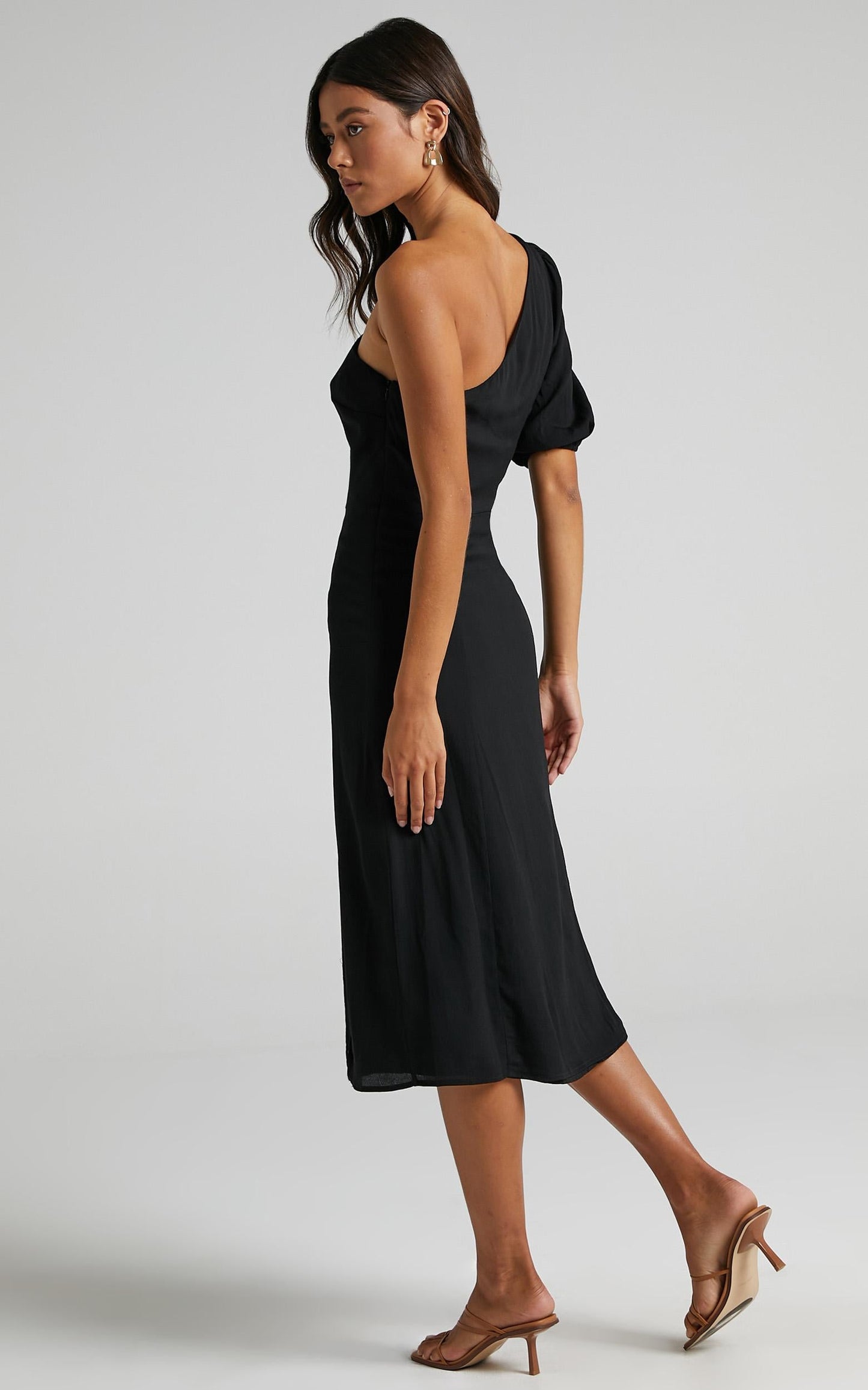 Tatiana Midi Dress - One Shoulder Thigh Split Dress in Black