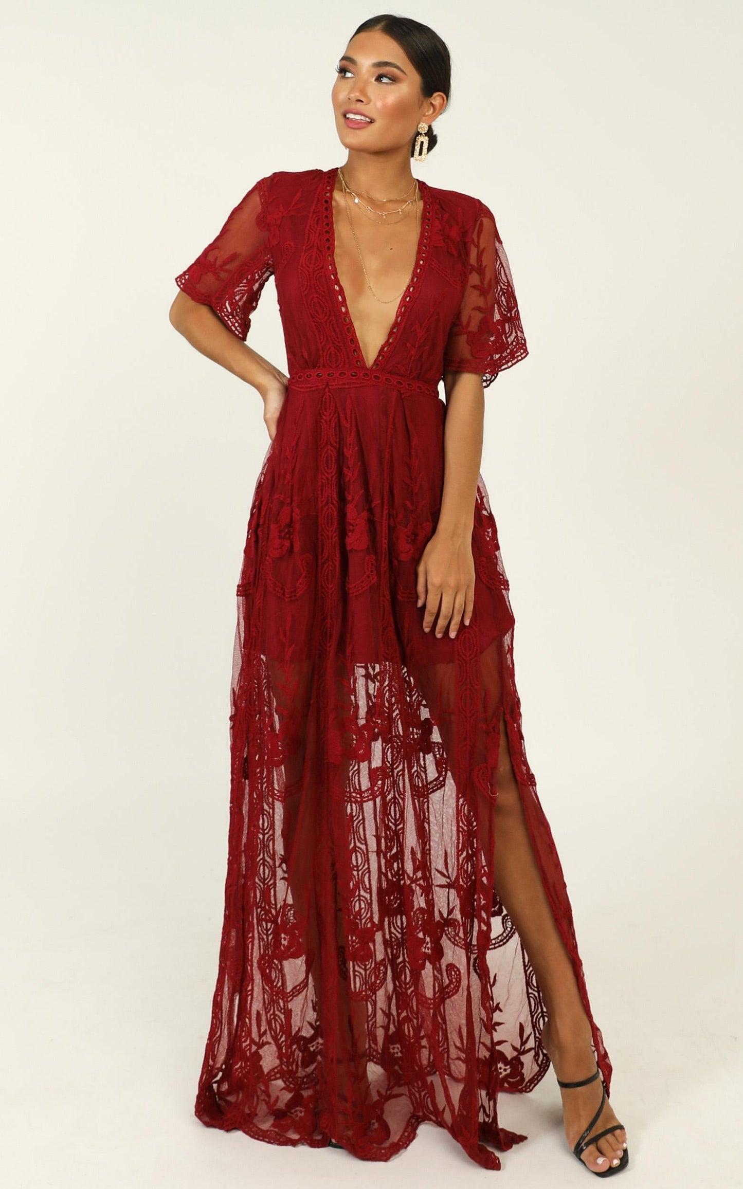 Love Spell Maxi Dress In Wine Lace