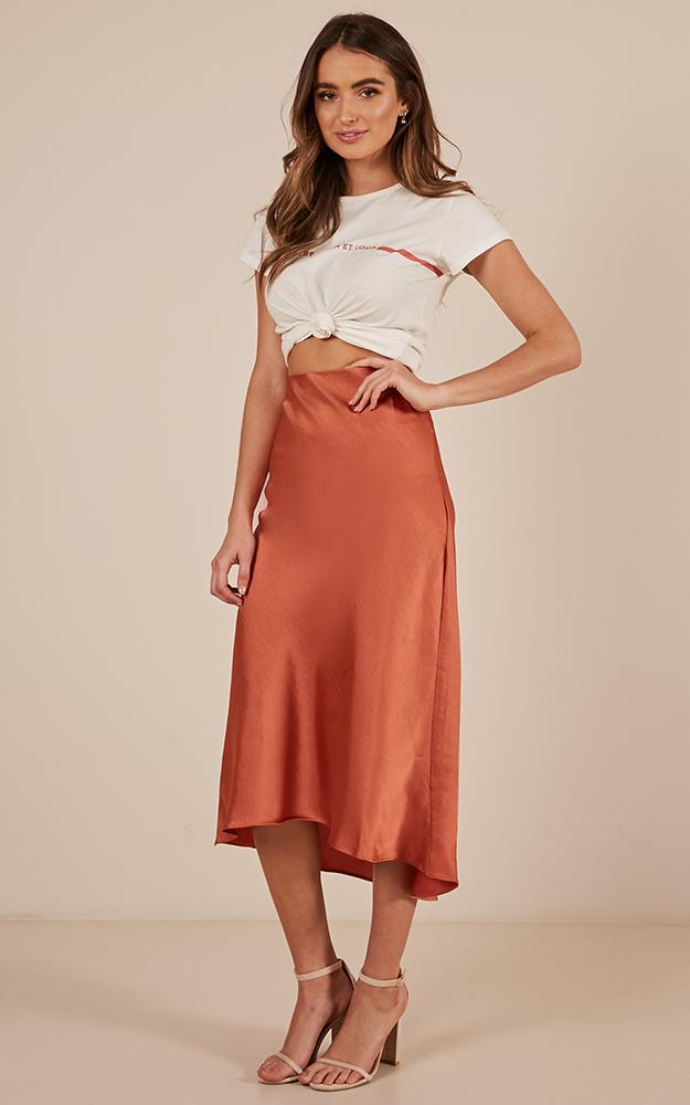 Future Forever Midi Skirt In Rust Satin