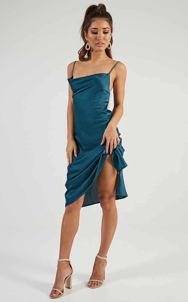 Shine Up Midi Dress In Teal Satin
