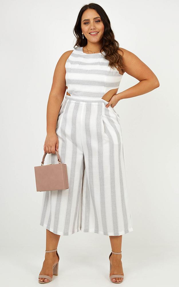Out Dream Yourself Jumpsuit In Grey Stripe  Linen Look