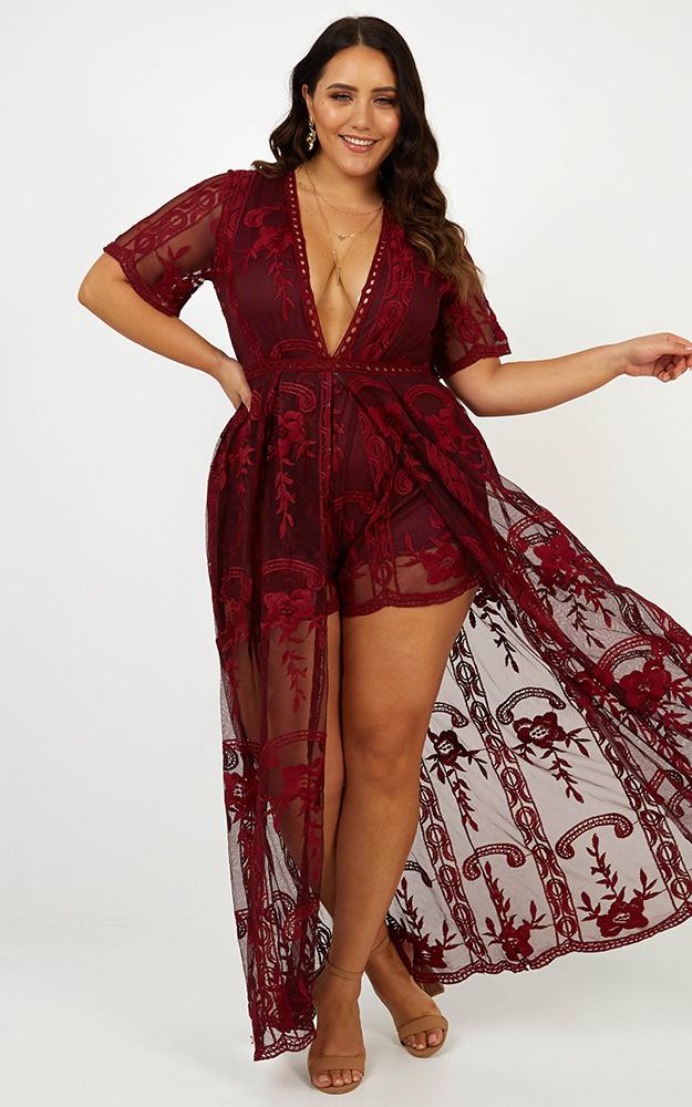 Lets Get Loud Maxi Playsuit in Wine Lace