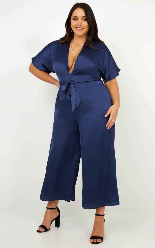 Starting The Night Jumpsuit In Navy Satin
