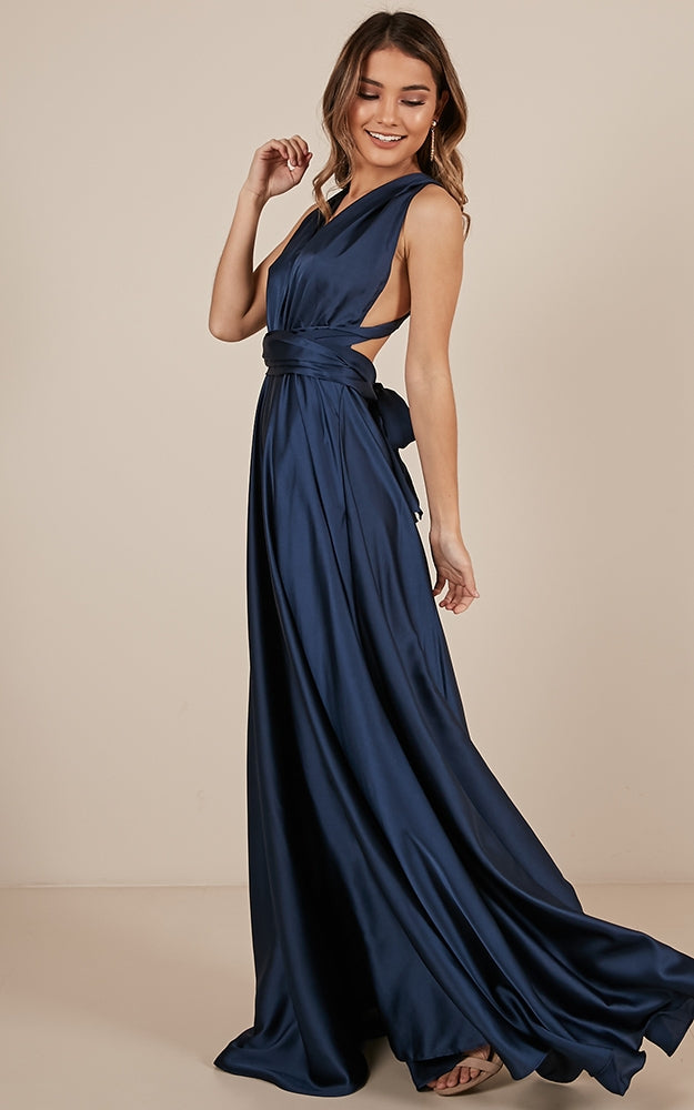 Nights Fallen Maxi Dress In Navy Satin