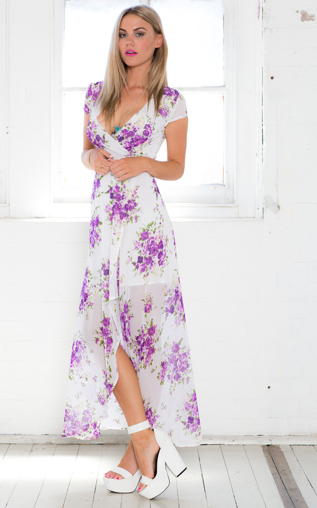 Wrap And Cross Maxi Dress In Purple Floral