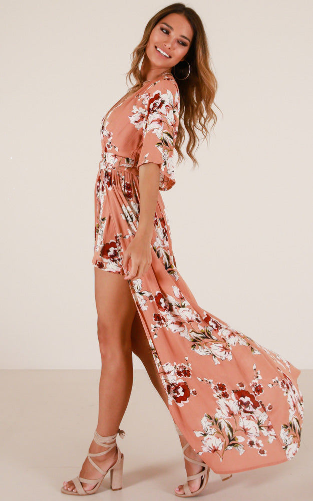Defeater Maxi Playsuit In Rust Floral