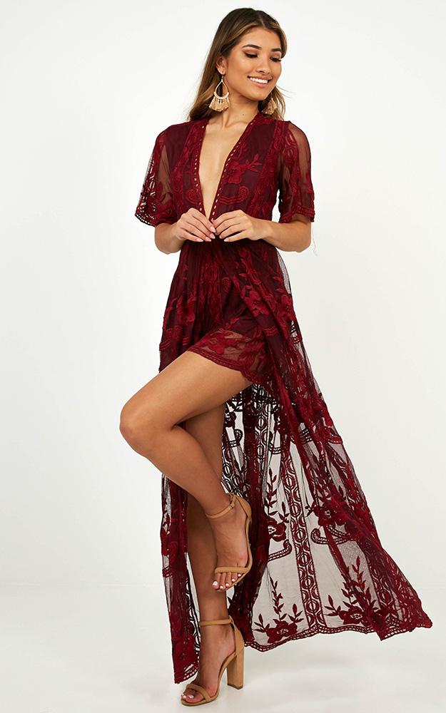 Lets Get Loud Maxi Playsuit in Wine Lace