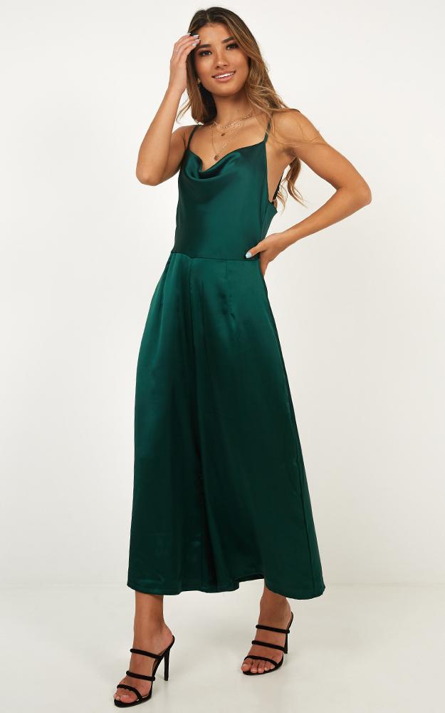 Night Shine Jumpsuit In Emerald Satin