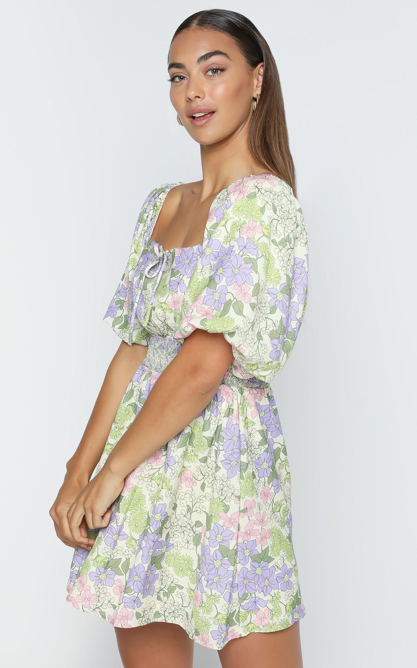 Phoebe Ruched Mini Dress in Garden Floral