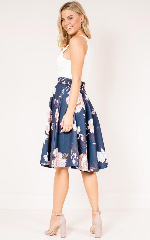 Whirlwind Midi Skirt In Navy Floral