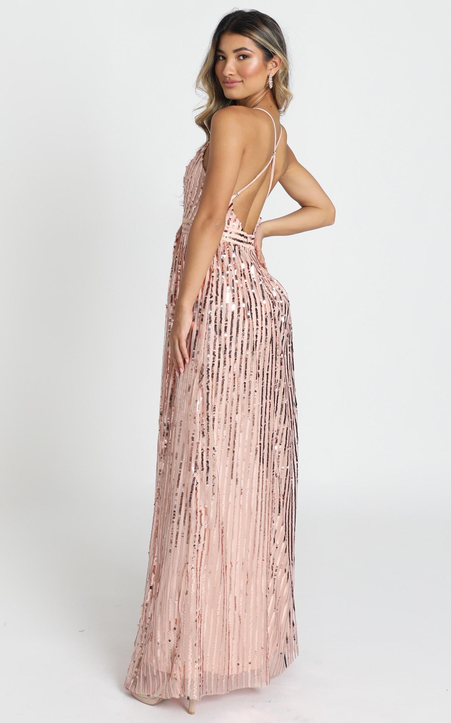 Youre The One Maxi Dress In Rose Gold Sequin