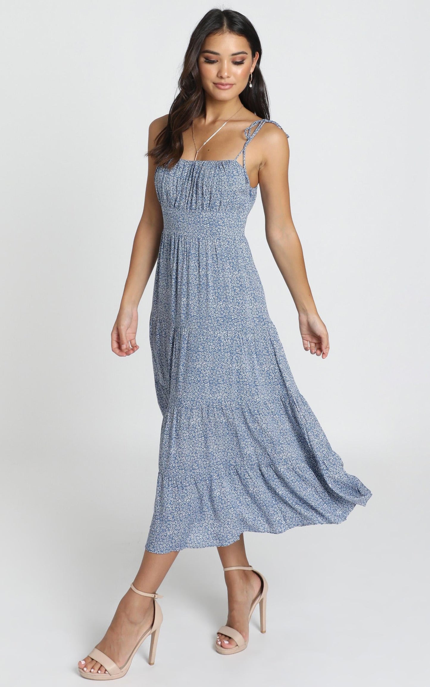 Agyness Tie Strap Midi Dress in Navy Floral