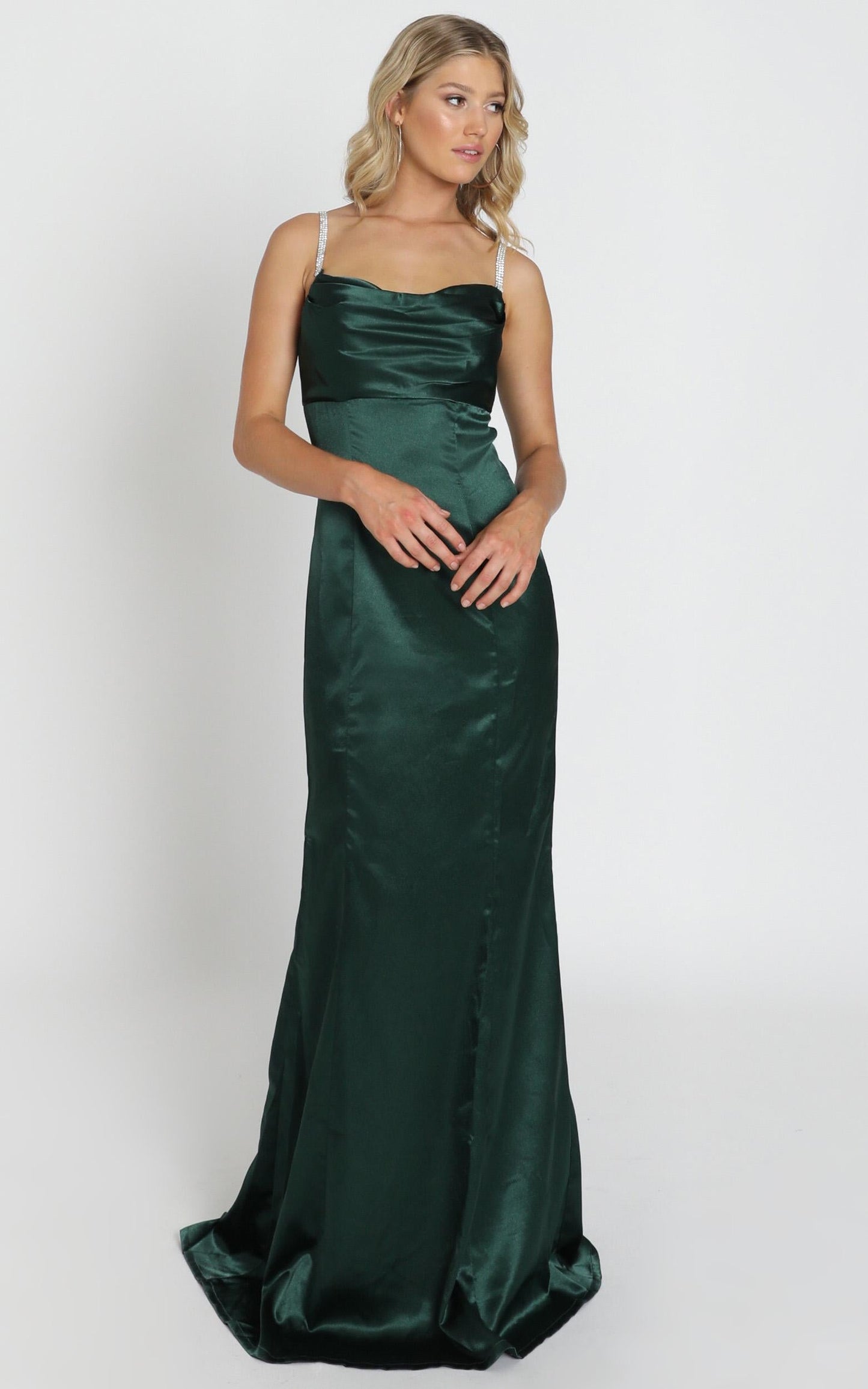 Alysha Diamante Strap Maxi Dress In Emerald Green Satin
