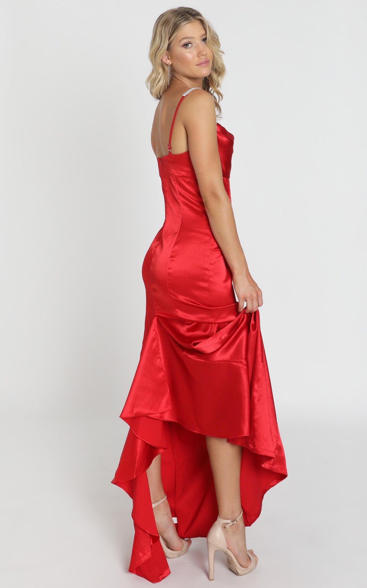Alysha Diamante Strap Maxi Dress In Red Satin