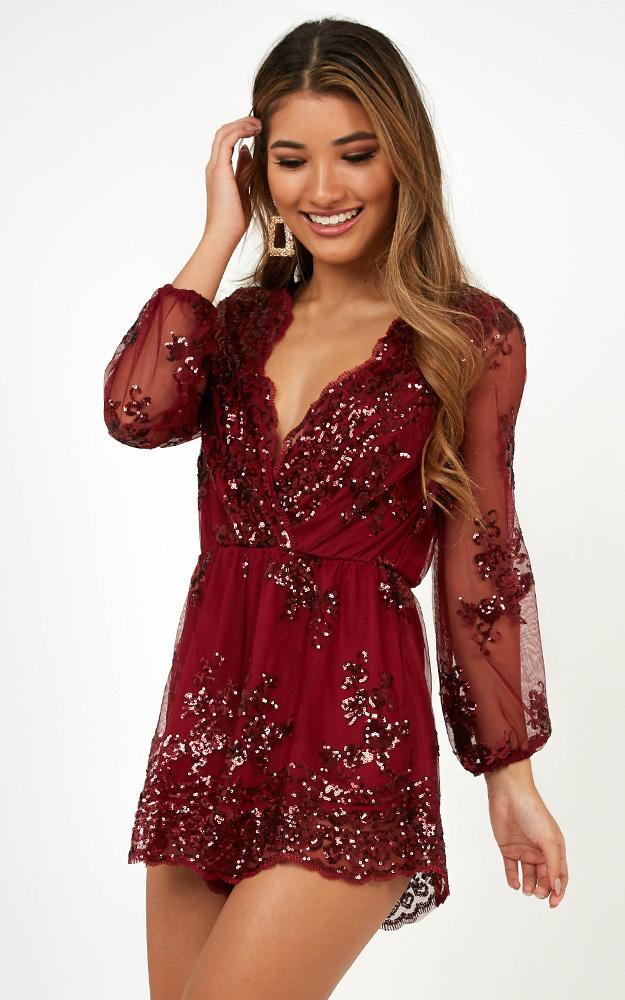 What Comes Around Playsuit in Wine Sequin