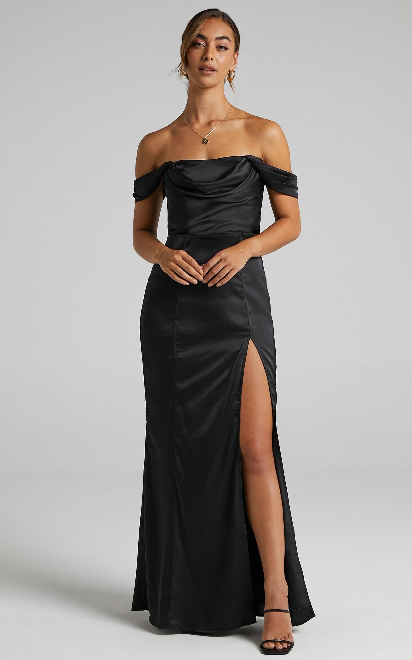 Faye Off Shoulder Maxi Dress in Black Satin