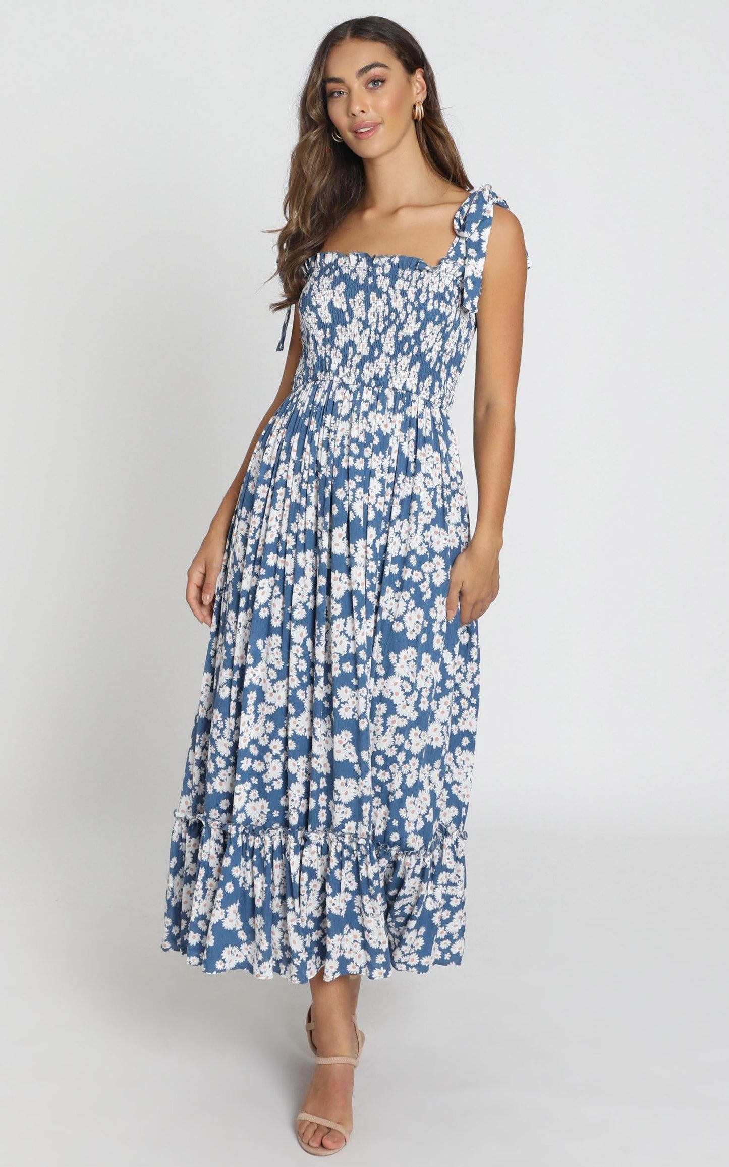Rochelle Shirred Bodice Maxi Dress In Navy Floral