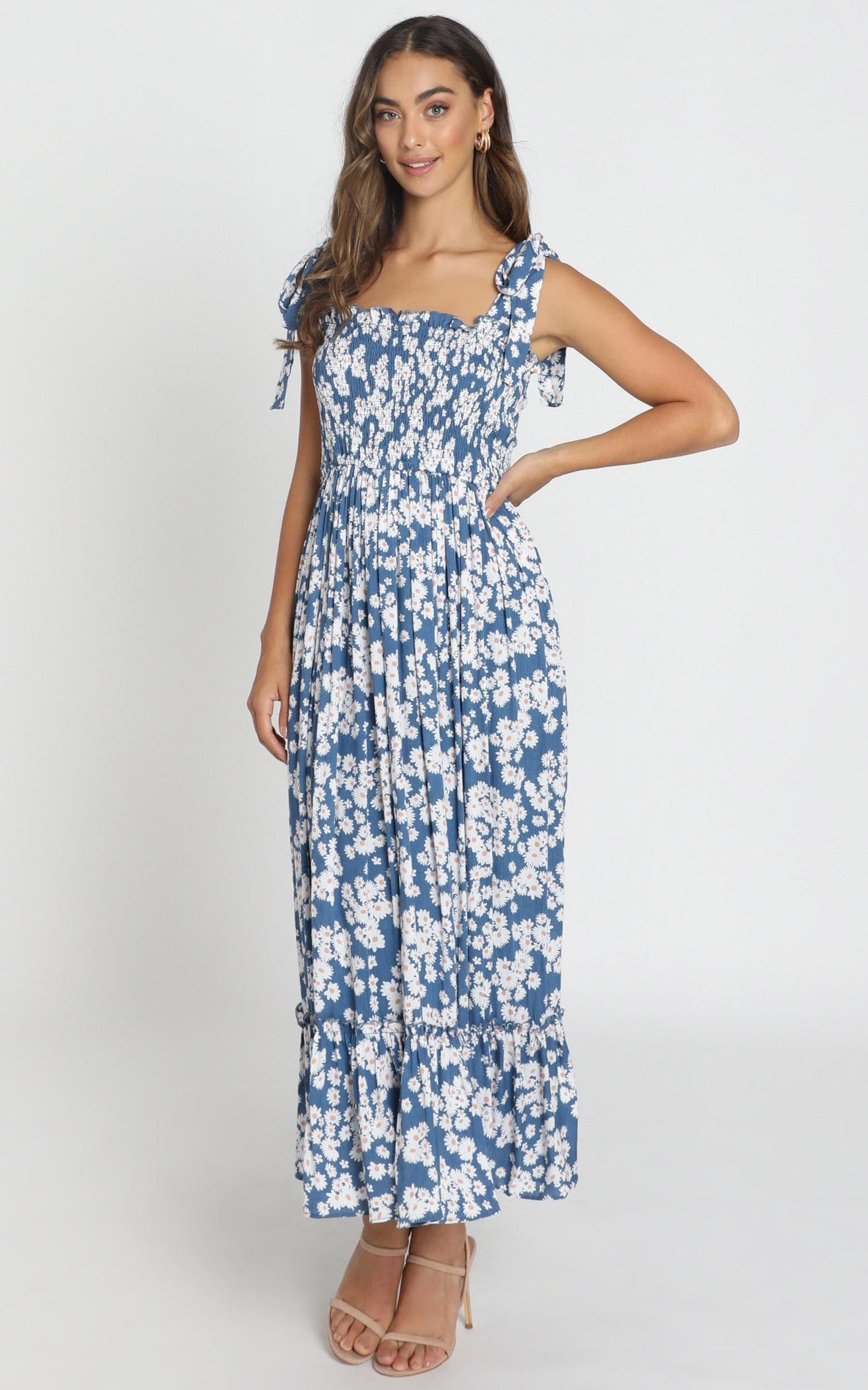 Rochelle Shirred Bodice Maxi Dress In Navy Floral
