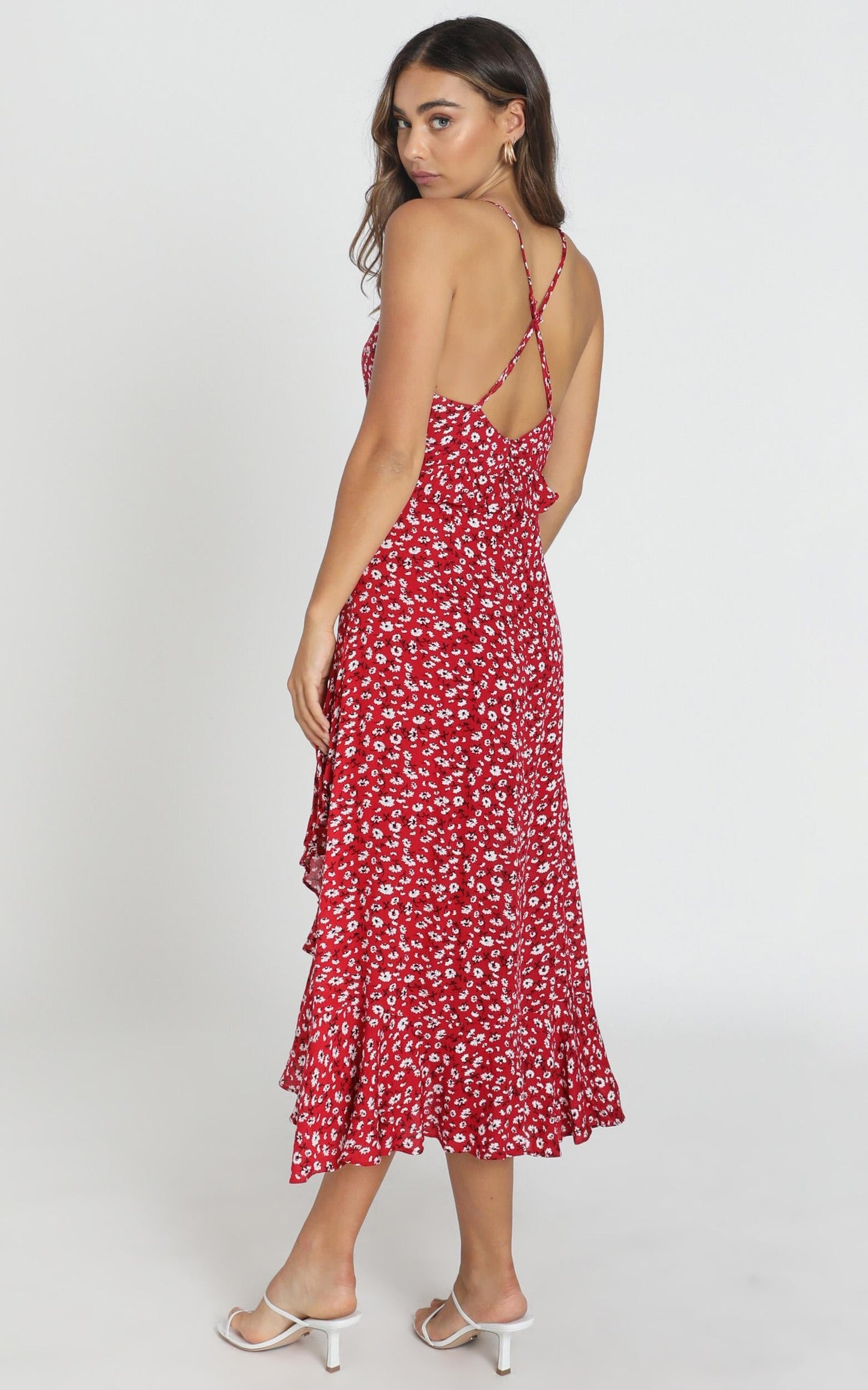 Chelsea Tie Front Midi Dress in Red Floral