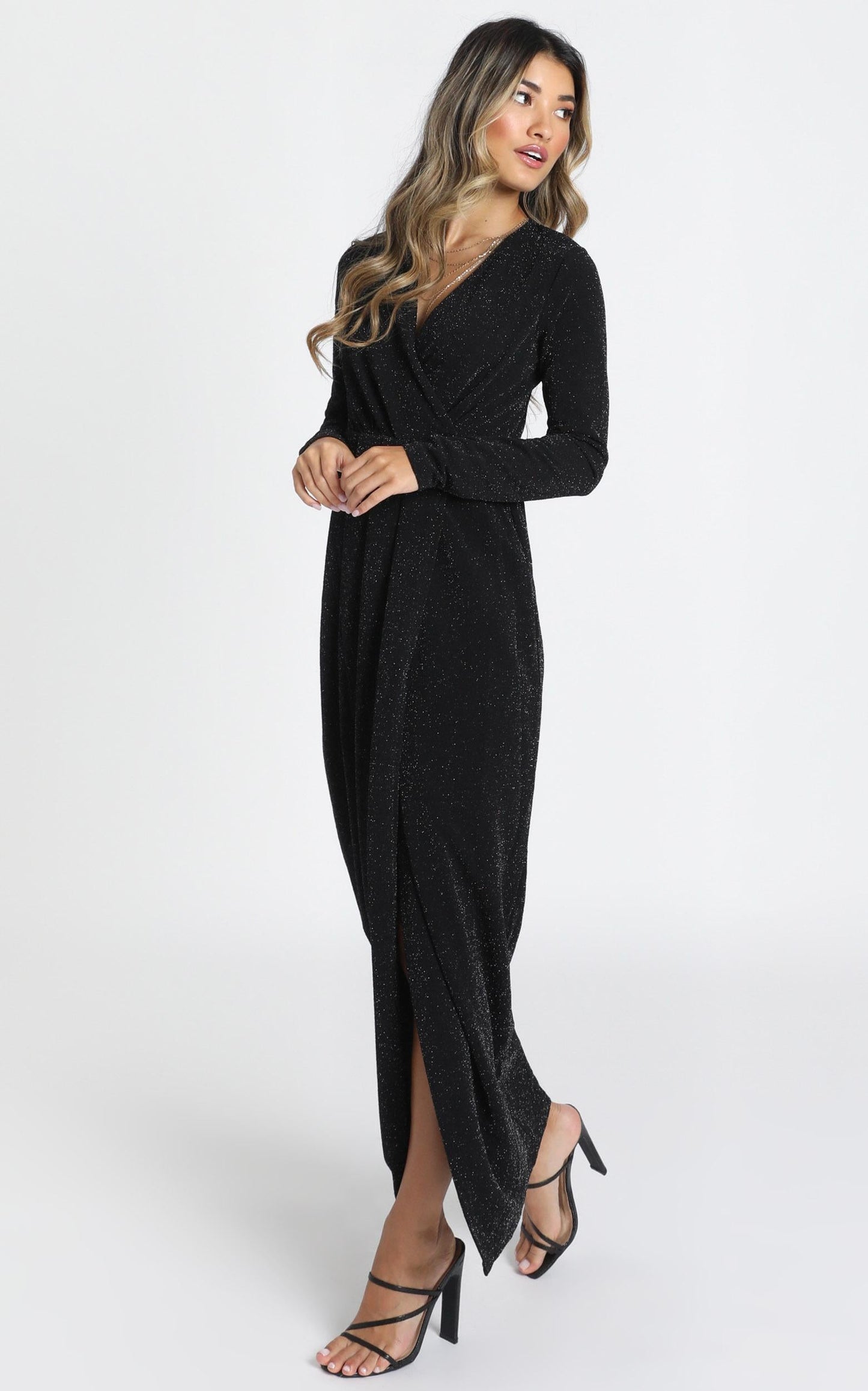 Clementine Long Sleeve Maxi Dress In Black Lurex
